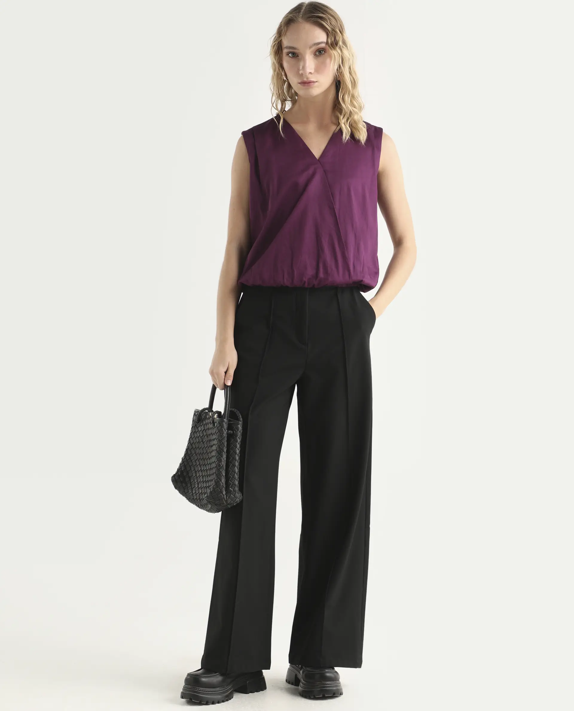 Rareism Women's Nujet Purple Cotton Blend Overlap Neck Regular Fit Plain Top - Image 2