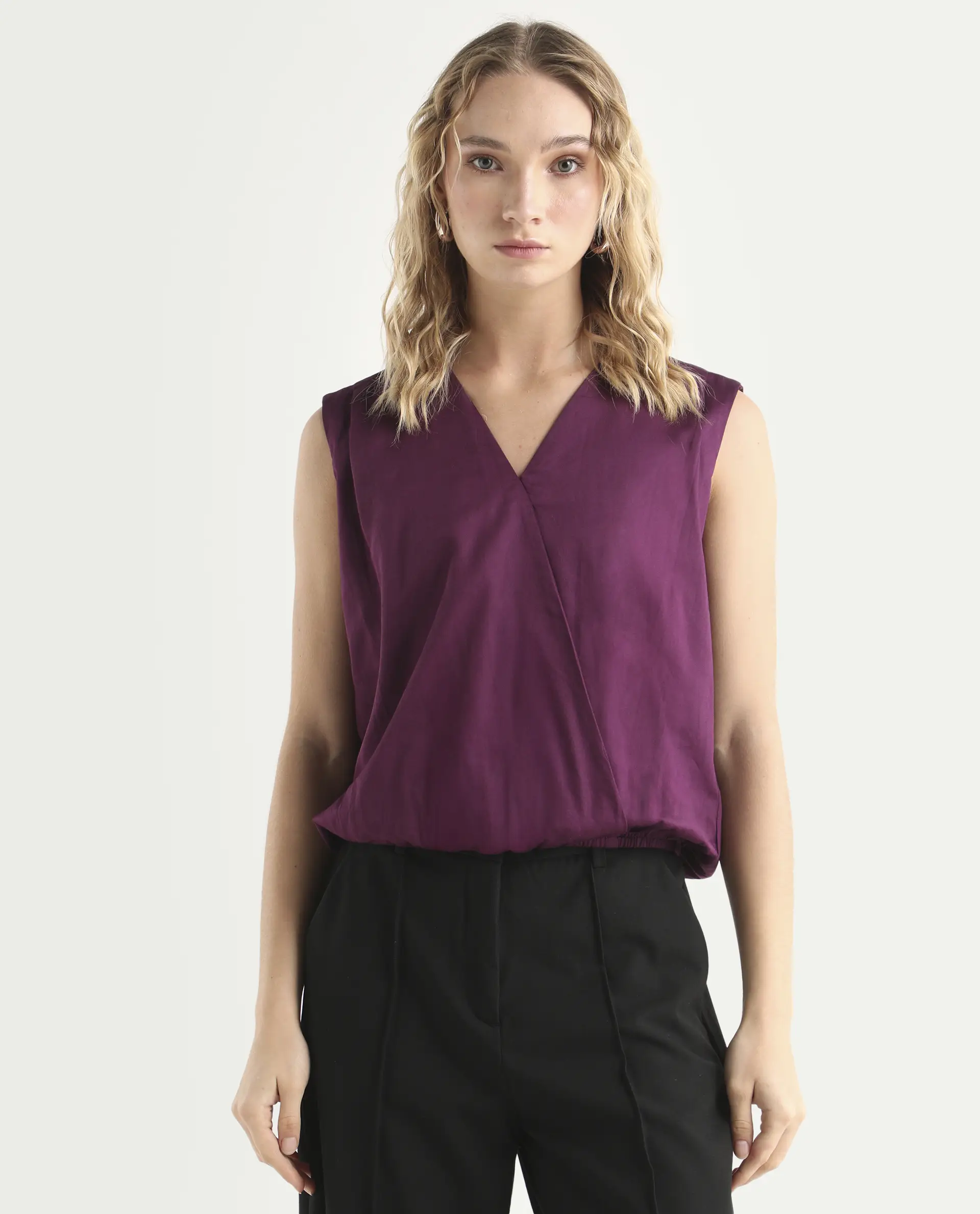 Rareism Women's Nujet Purple Cotton Blend Overlap Neck Regular Fit Plain Top - Image 3
