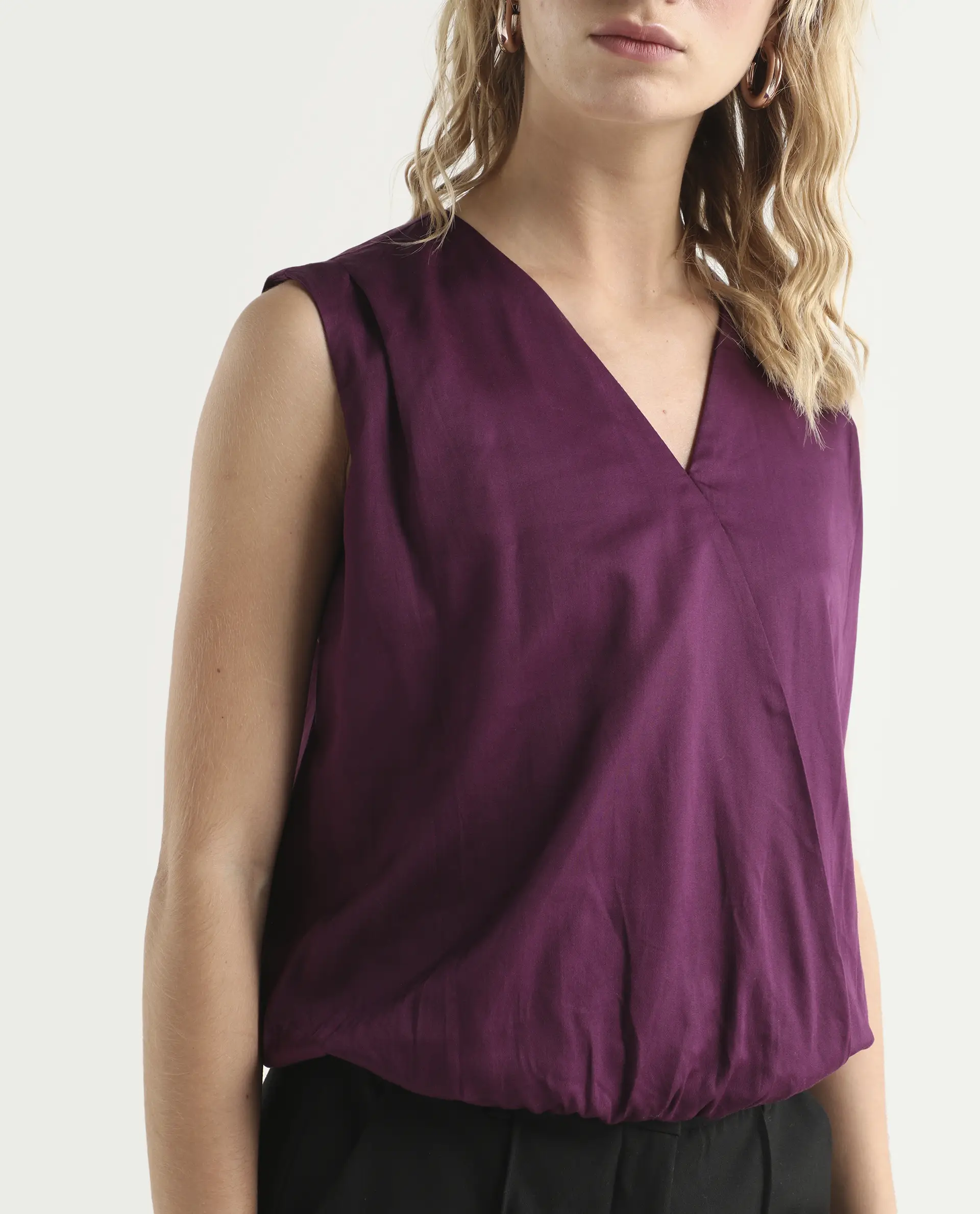 Rareism Women's Nujet Purple Cotton Blend Overlap Neck Regular Fit Plain Top - Image 4