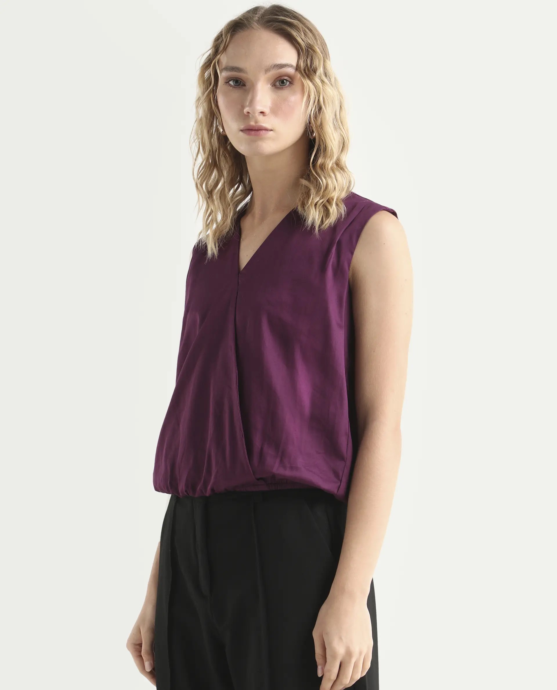 Rareism Women's Nujet Purple Cotton Blend Overlap Neck Regular Fit Plain Top - Image 5