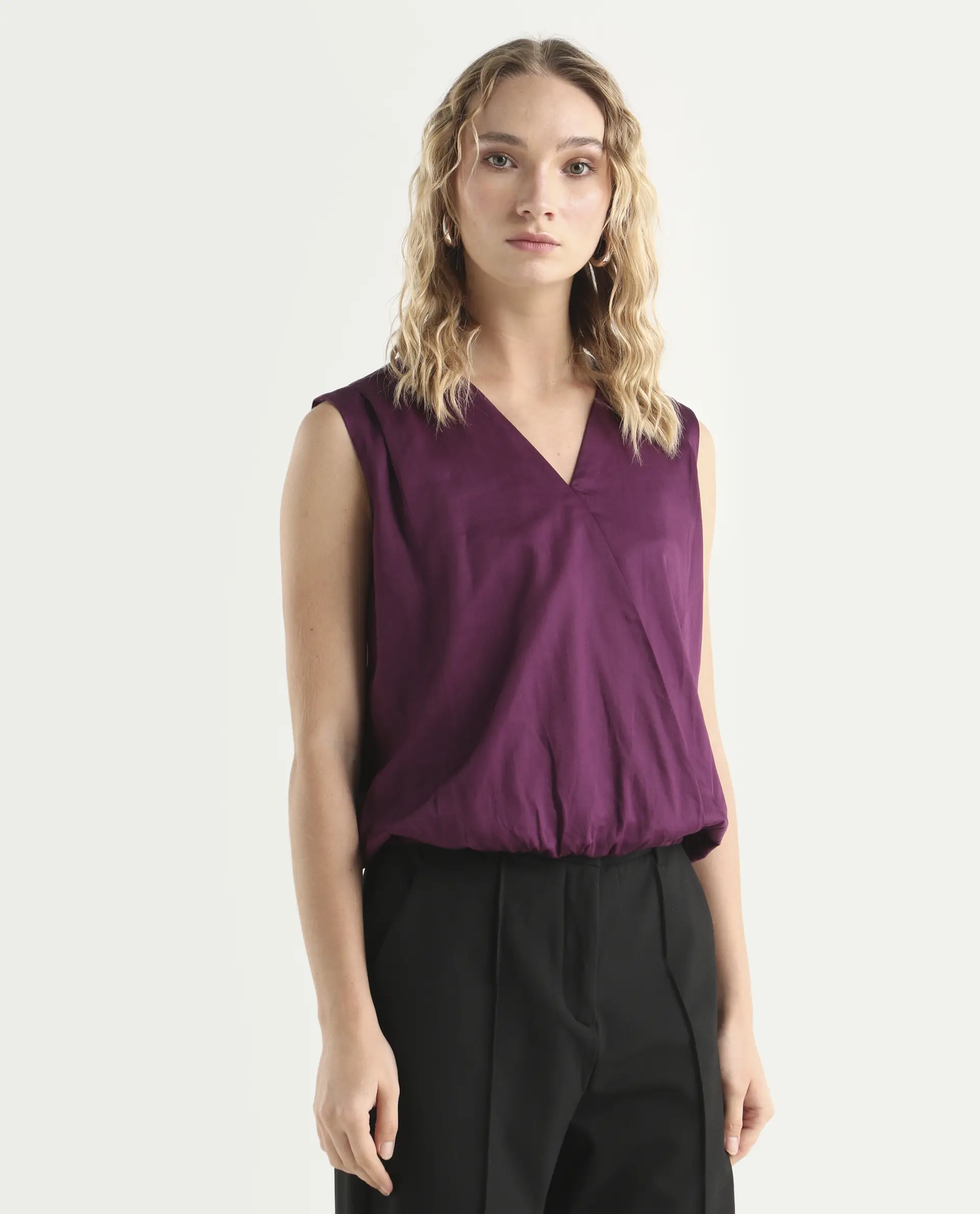 Rareism Women's Nujet Purple Cotton Blend Overlap Neck Regular Fit Plain Top - Image 6