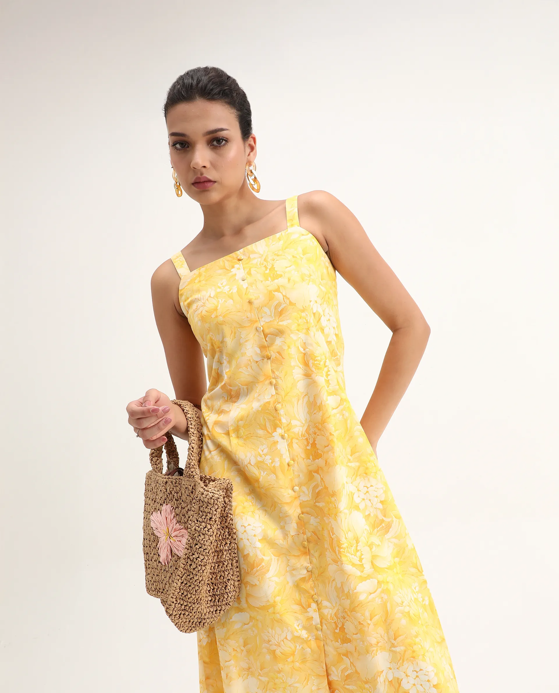 Rareism Women's Nujon Yellow Viscose Square Neck Floral Print Sleeveless Midi A-Line Dress