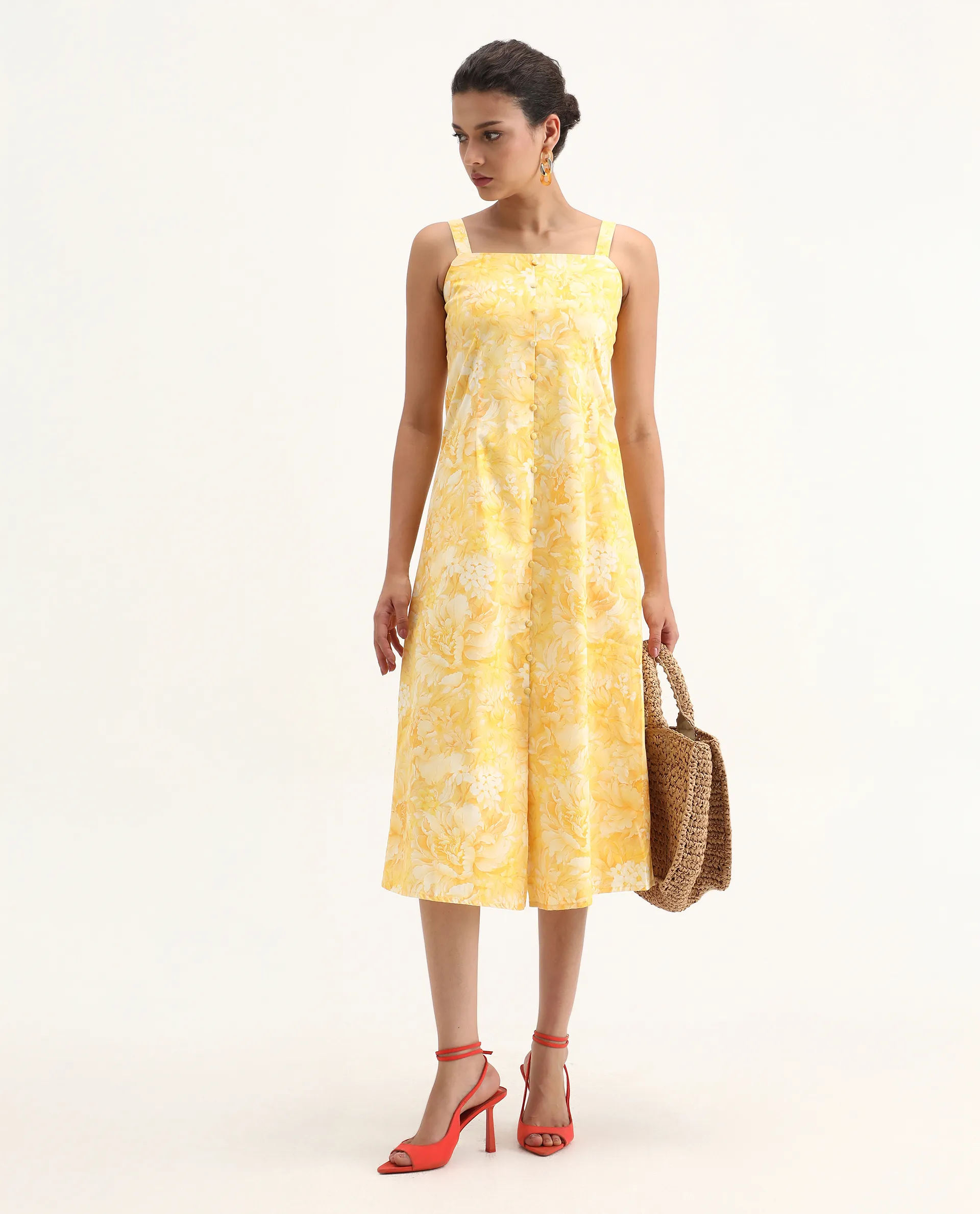 Rareism Women's Nujon Yellow Viscose Square Neck Floral Print Sleeveless Midi A-Line Dress - Image 2
