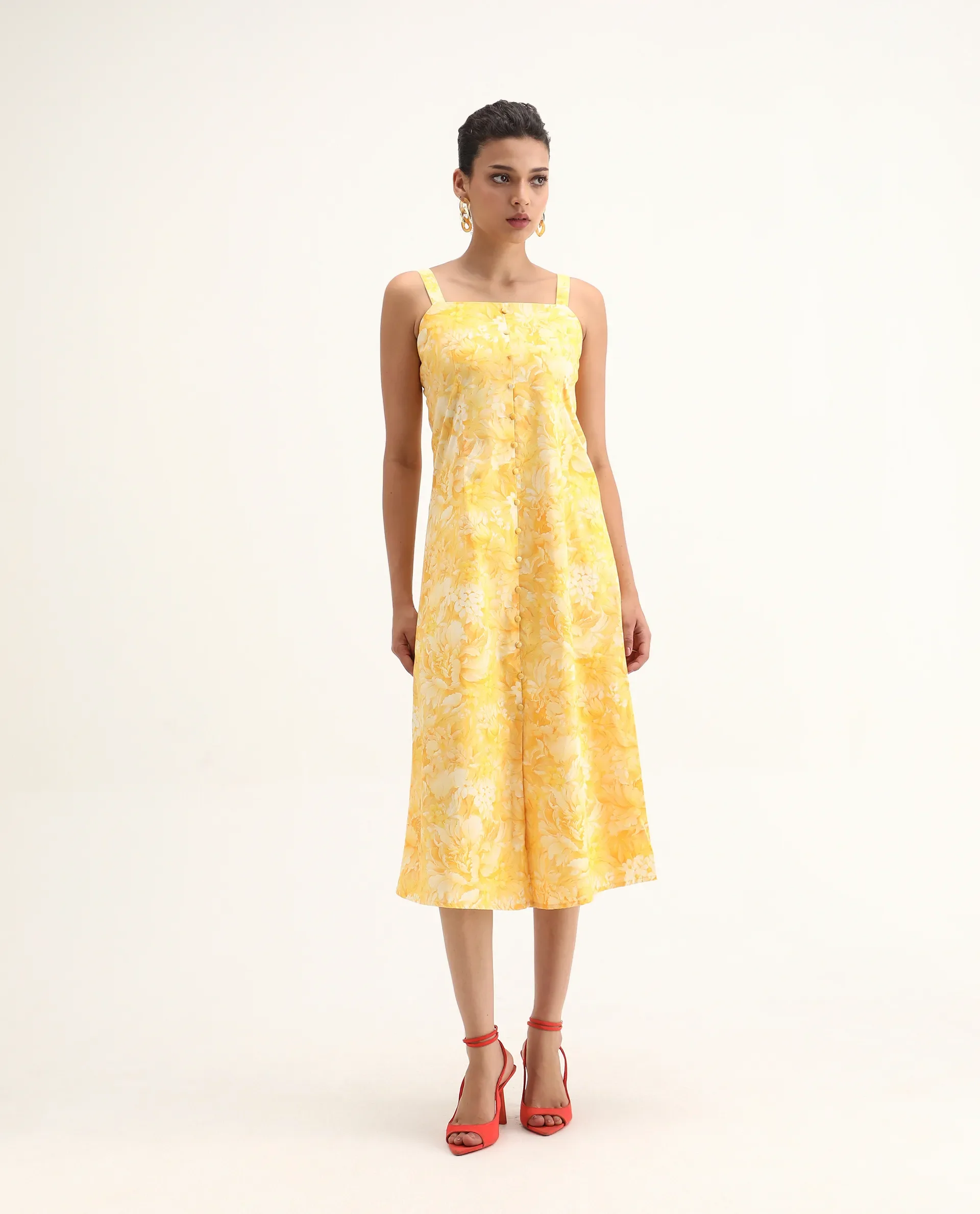Rareism Women's Nujon Yellow Viscose Square Neck Floral Print Sleeveless Midi A-Line Dress - Image 4