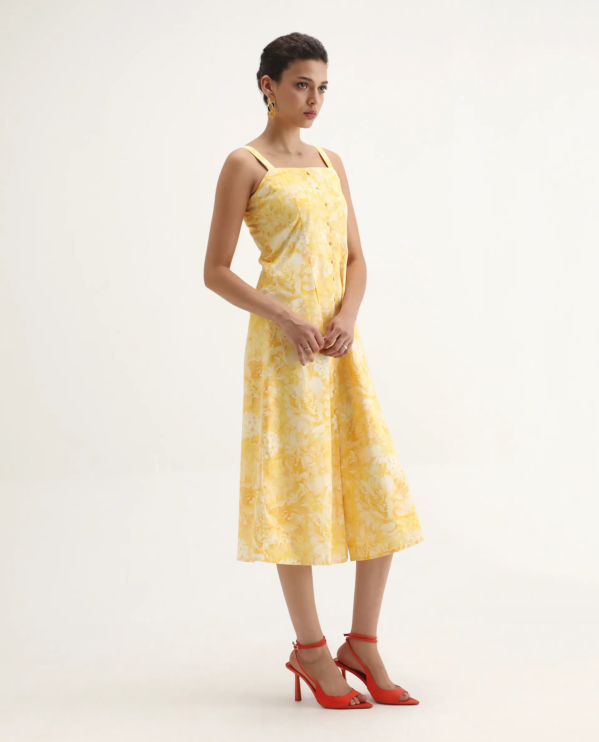 Rareism Women's Nujon Yellow Viscose Square Neck Floral Print Sleeveless Midi A-Line Dress - Image 5