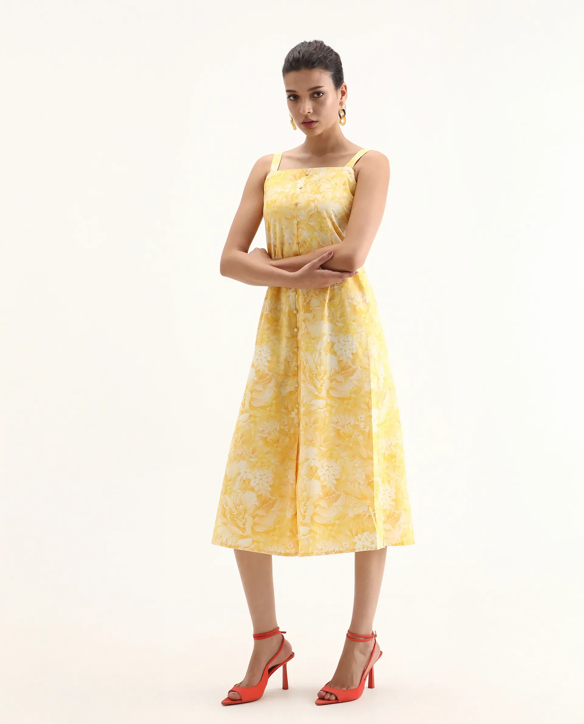 Rareism Women's Nujon Yellow Viscose Square Neck Floral Print Sleeveless Midi A-Line Dress - Image 6