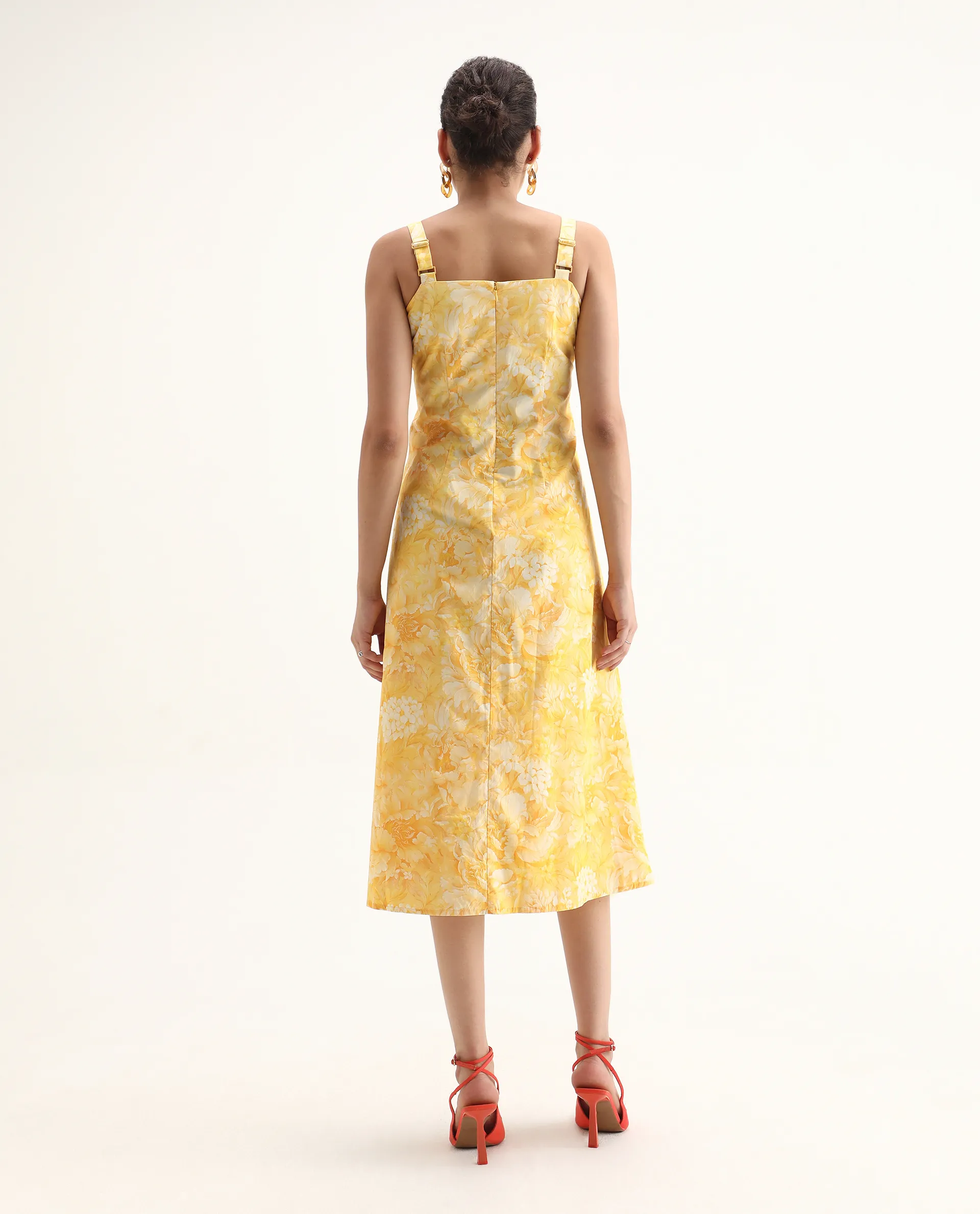 Rareism Women's Nujon Yellow Viscose Square Neck Floral Print Sleeveless Midi A-Line Dress - Image 7