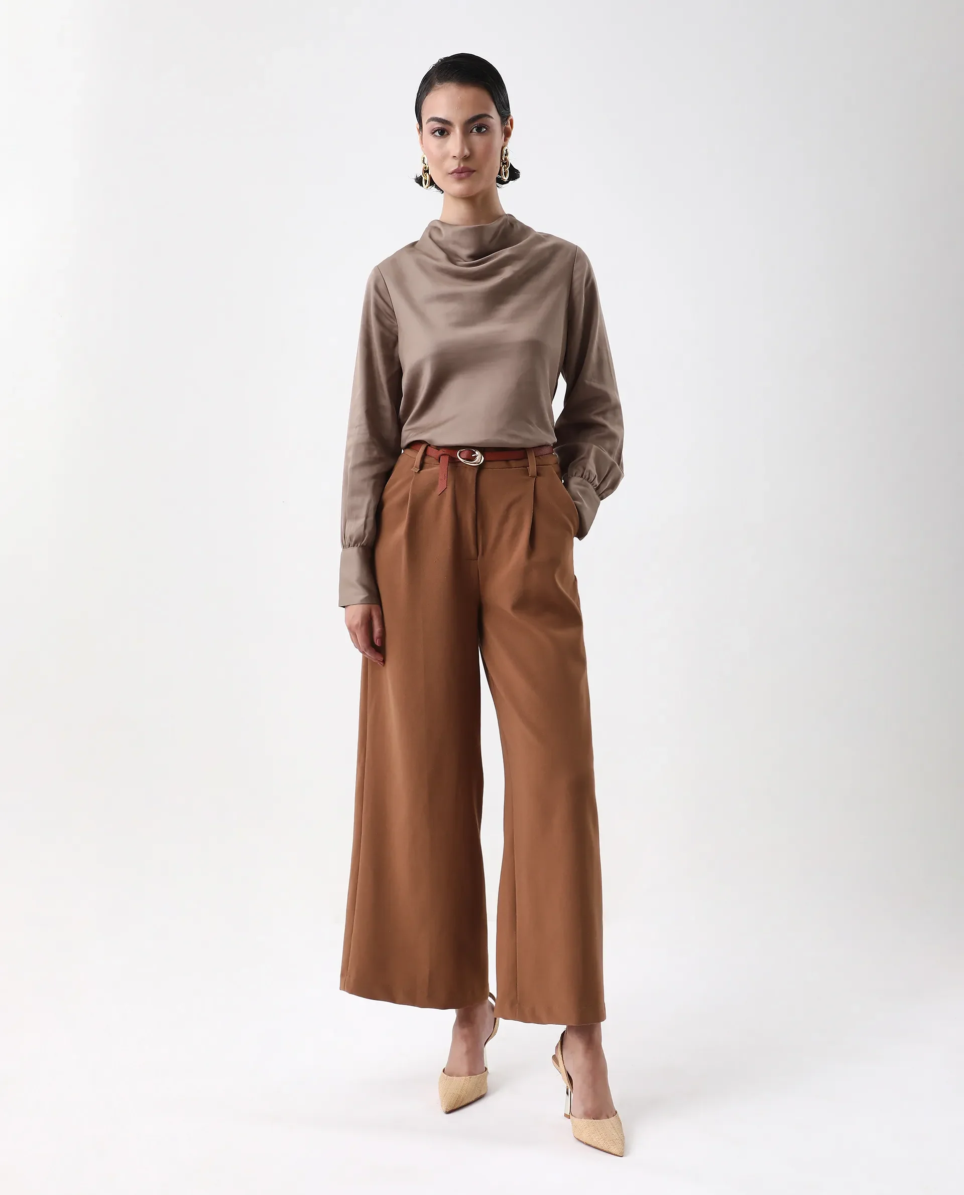 Rareism Women's Nujuno Beige Cotton Blend Cuffed Sleeve Cowl Neck Regular Fit Plain Top - Image 2