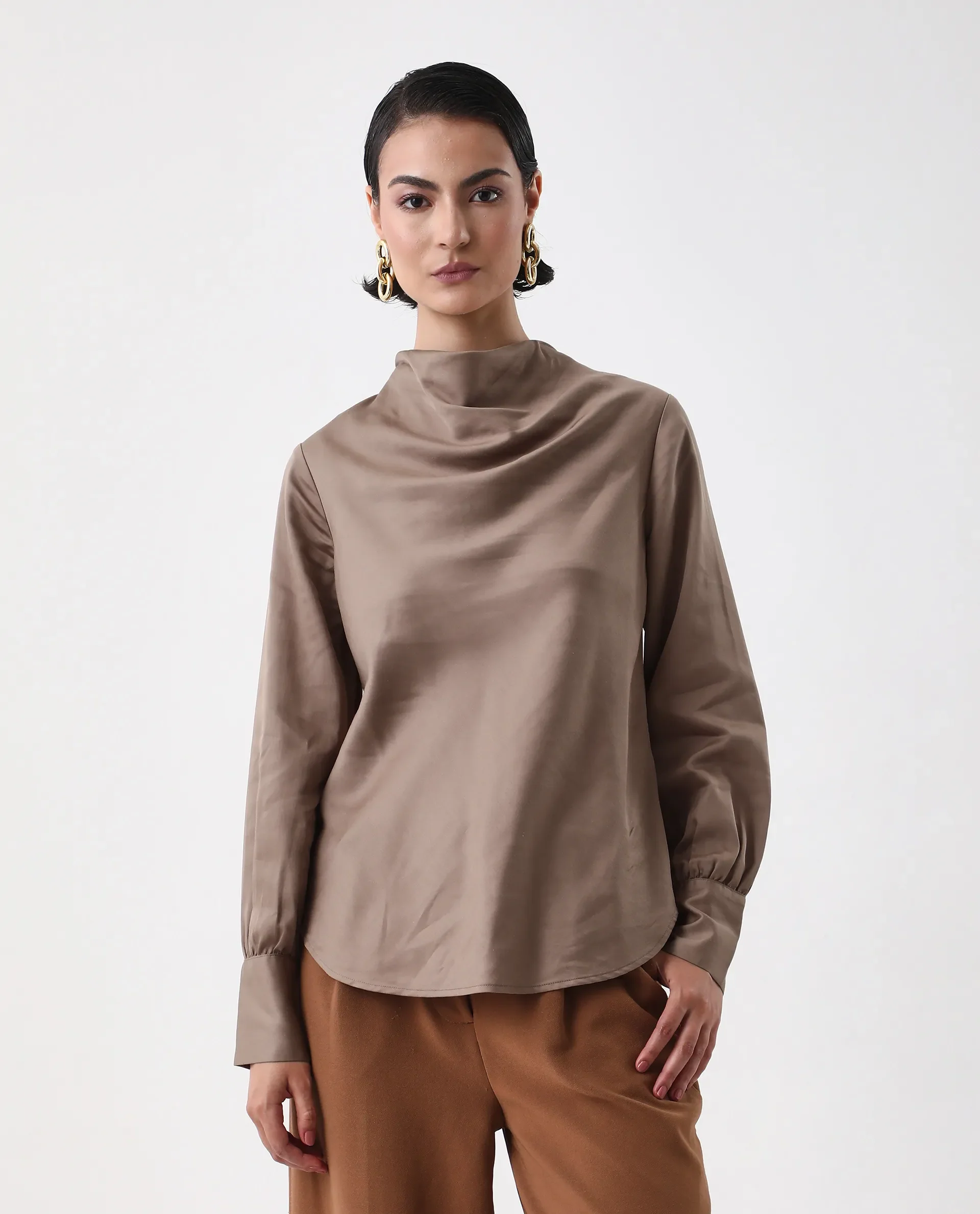 Rareism Women's Nujuno Beige Cotton Blend Cuffed Sleeve Cowl Neck Regular Fit Plain Top - Image 3