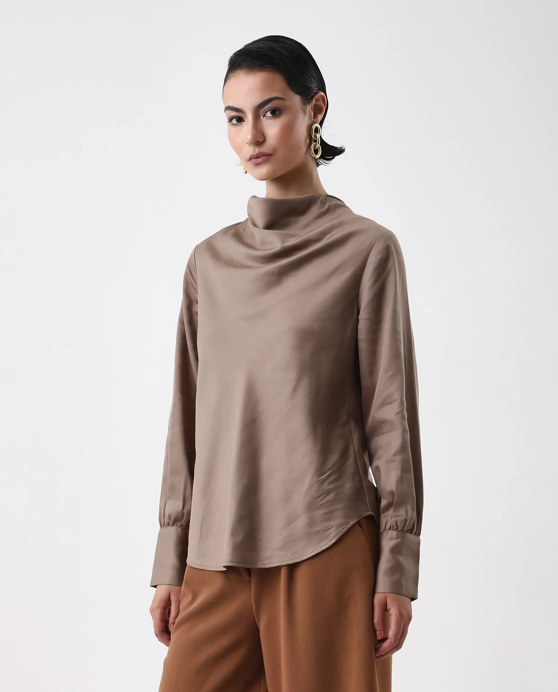 Rareism Women's Nujuno Beige Cotton Blend Cuffed Sleeve Cowl Neck Regular Fit Plain Top - Image 4