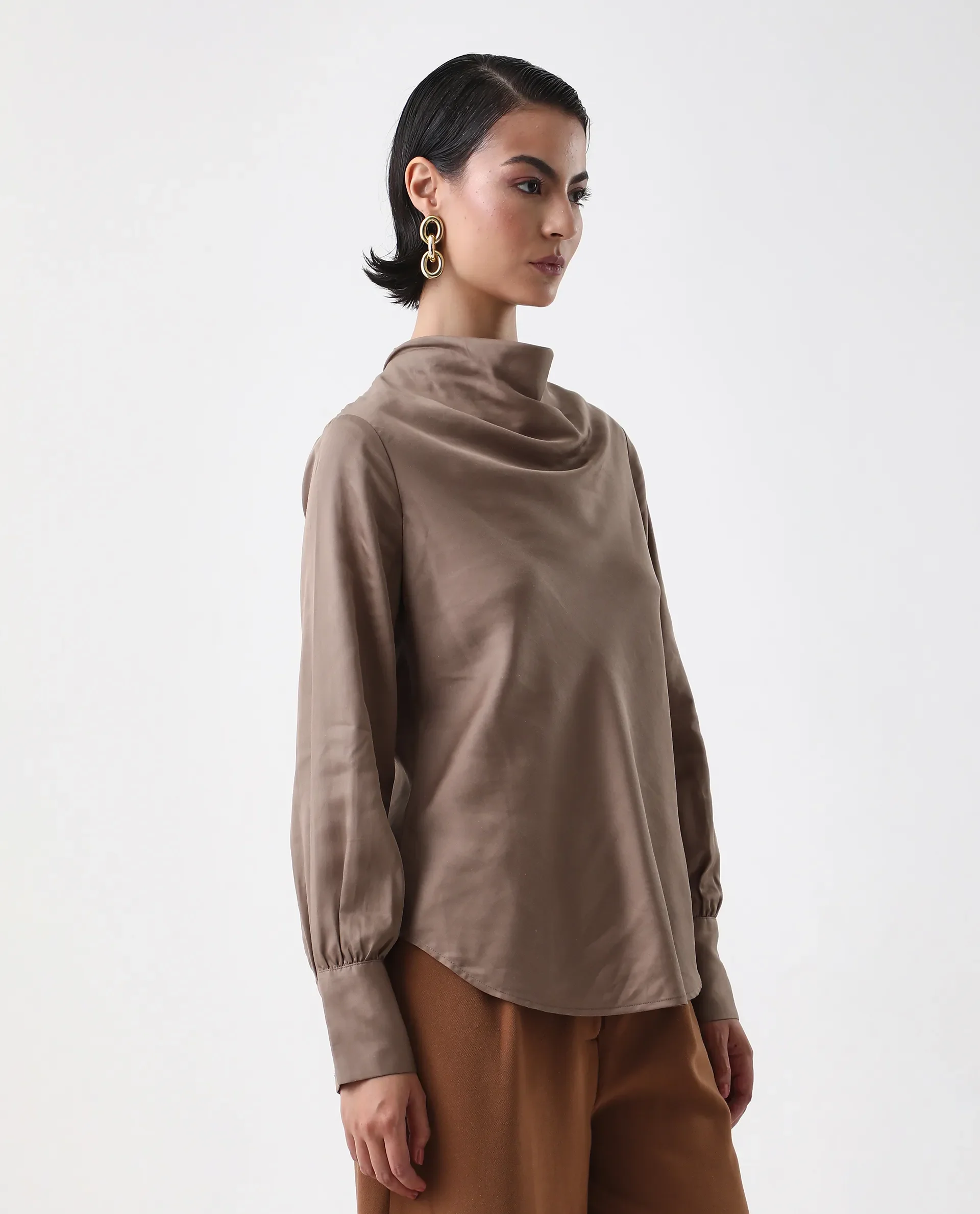 Rareism Women's Nujuno Beige Cotton Blend Cuffed Sleeve Cowl Neck Regular Fit Plain Top - Image 5