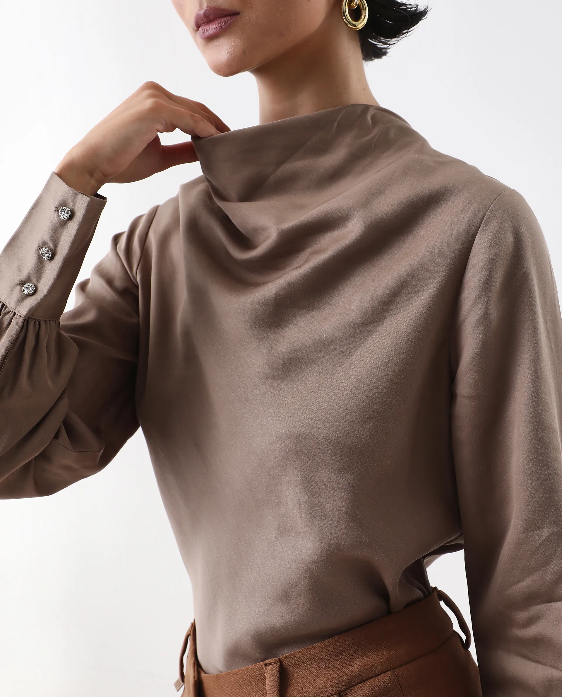 Rareism Women's Nujuno Beige Cotton Blend Cuffed Sleeve Cowl Neck Regular Fit Plain Top - Image 6