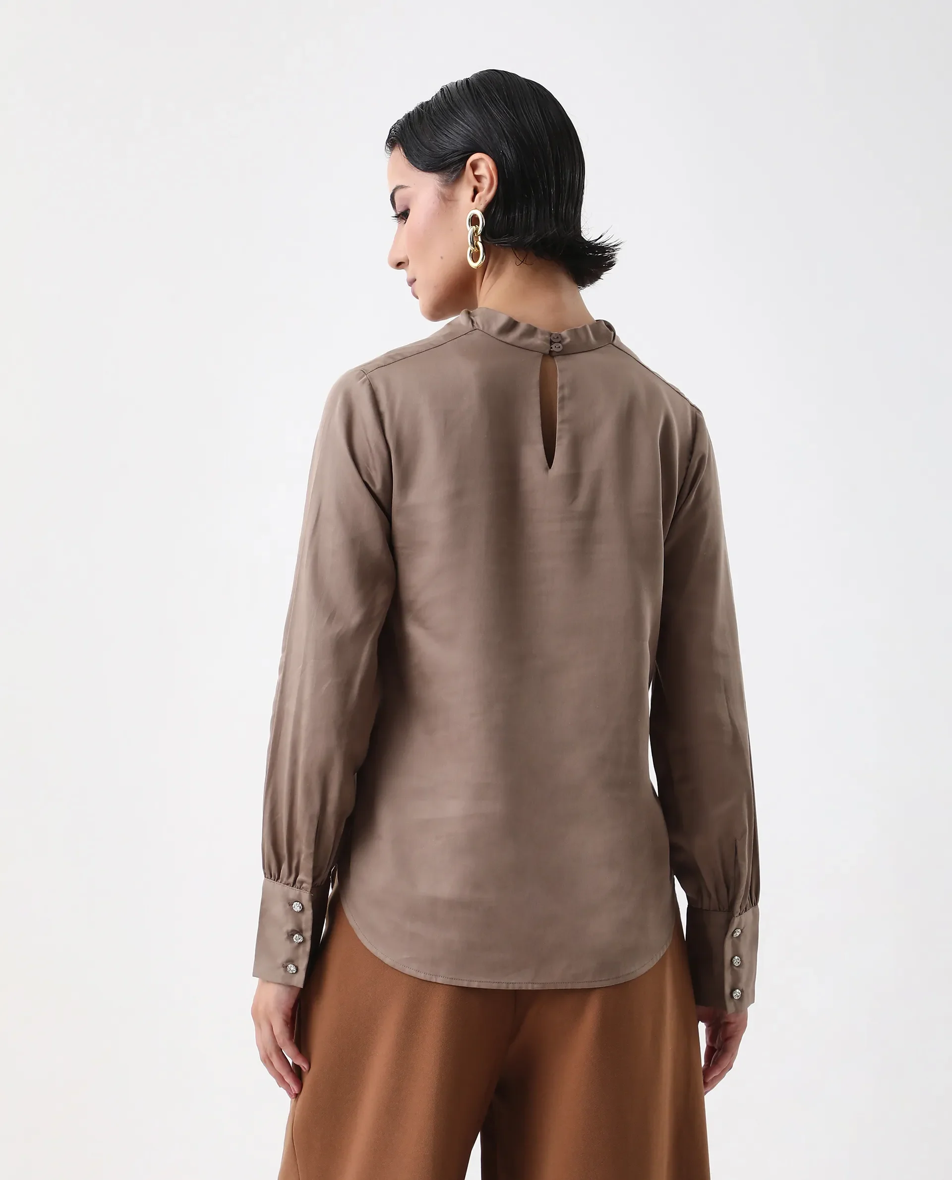 Rareism Women's Nujuno Beige Cotton Blend Cuffed Sleeve Cowl Neck Regular Fit Plain Top - Image 7