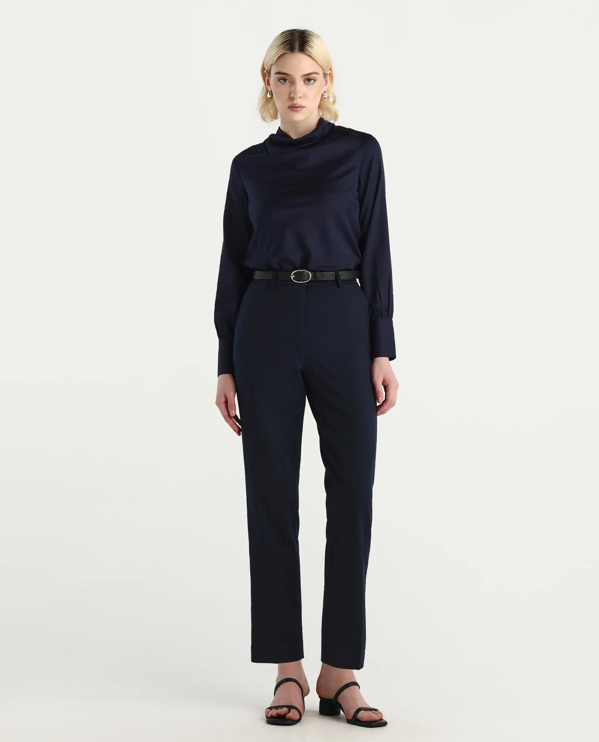 Rareism Women's Nujuno Navy Cotton Blend Bishop Sleeve Cowl Neck Regular Fit Plain Top - Image 2