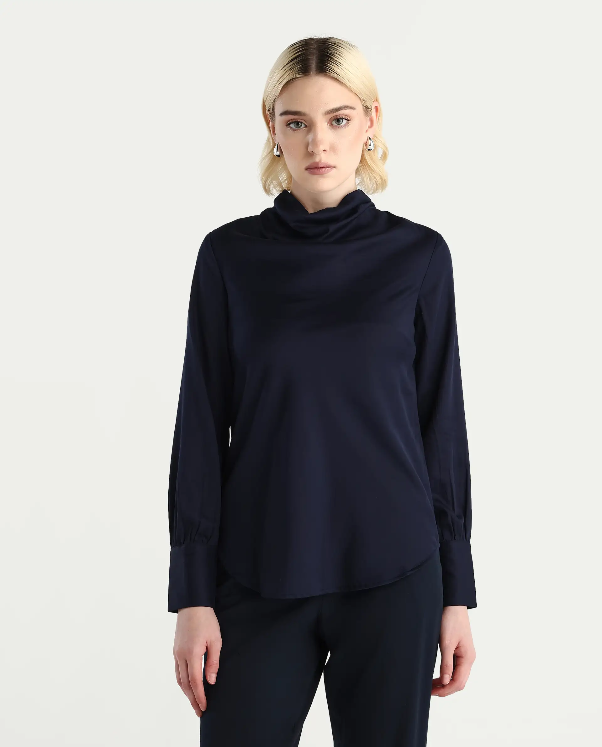 Rareism Women's Nujuno Navy Cotton Blend Bishop Sleeve Cowl Neck Regular Fit Plain Top - Image 3