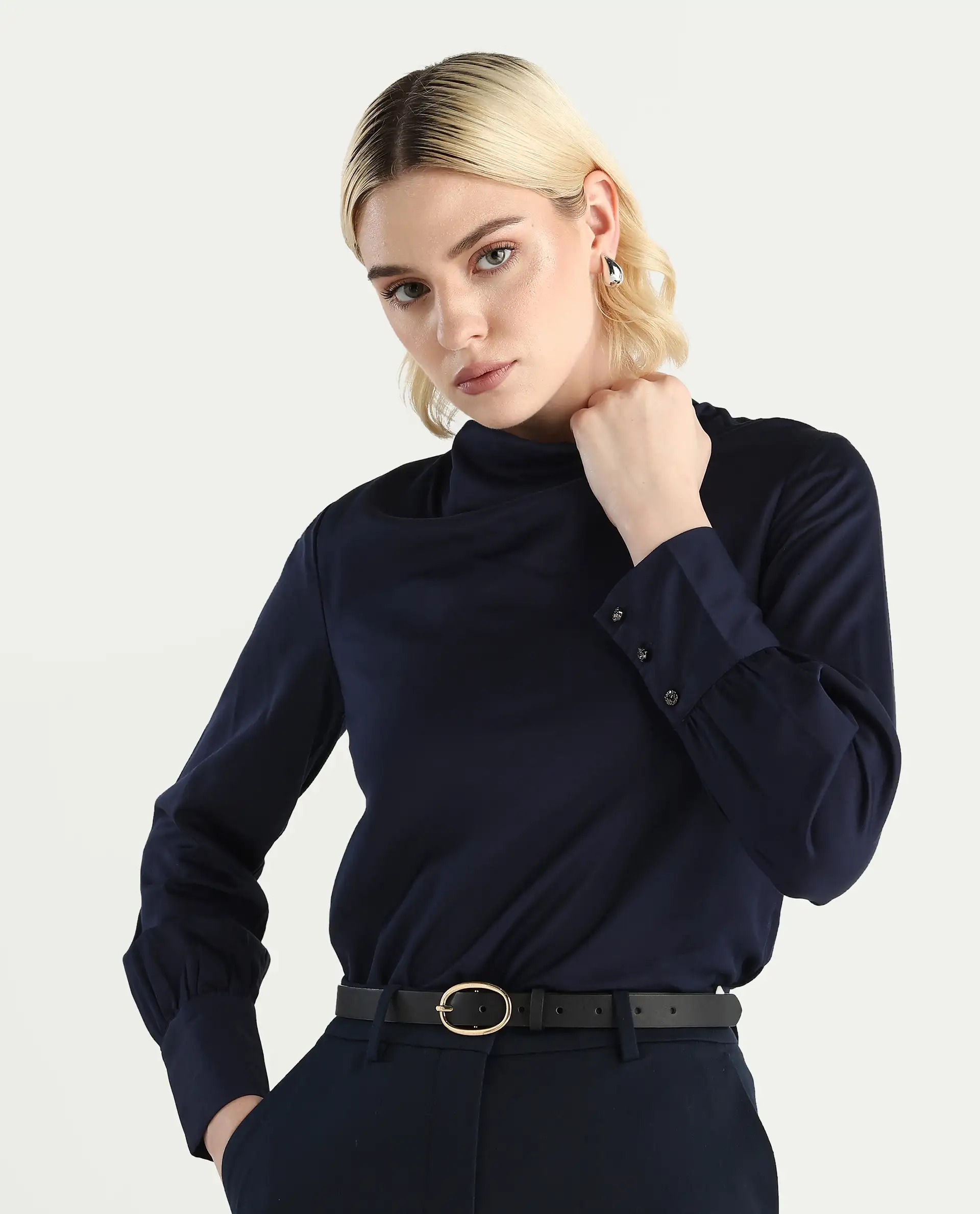 Rareism Women's Nujuno Navy Cotton Blend Bishop Sleeve Cowl Neck Regular Fit Plain Top - Image 4