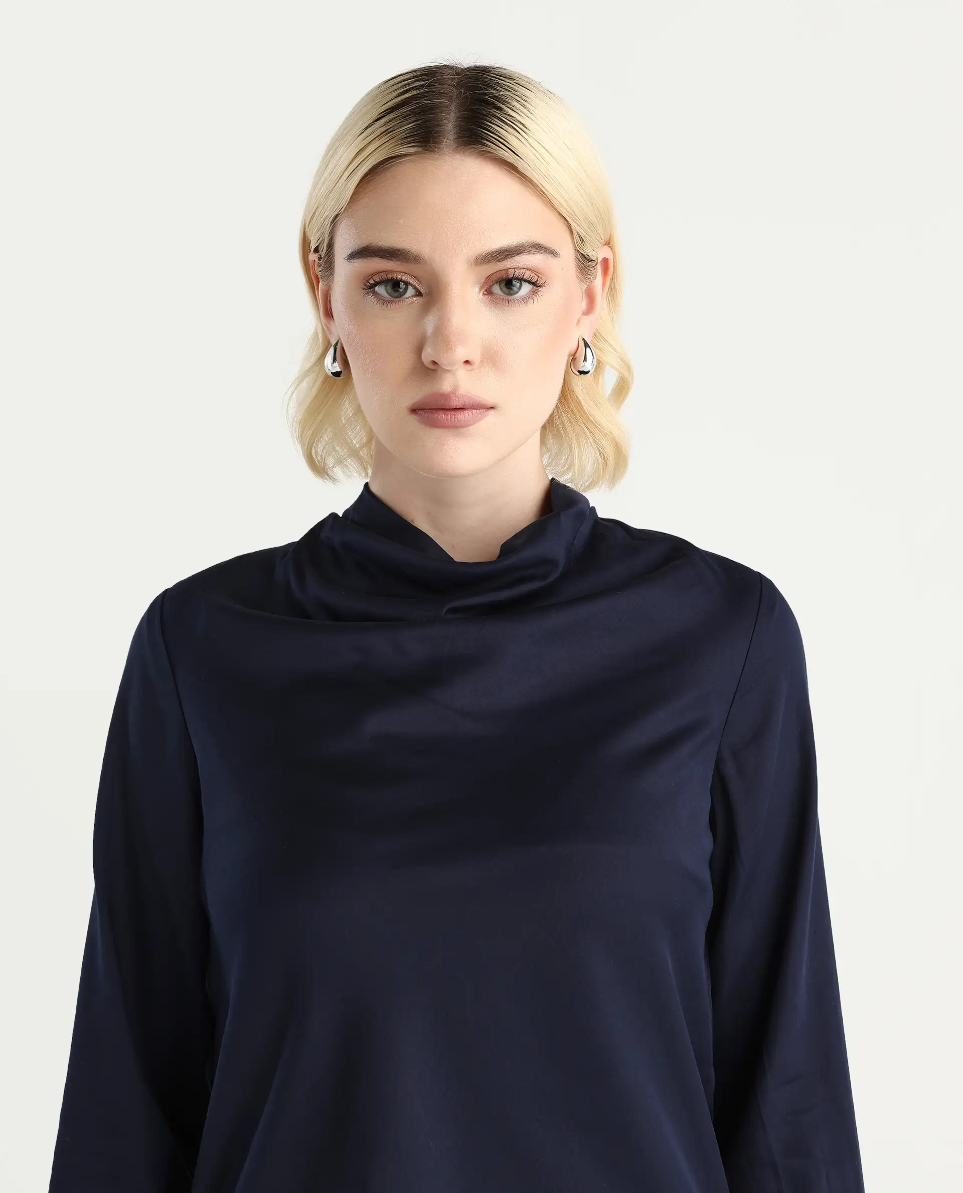 Rareism Women's Nujuno Navy Cotton Blend Bishop Sleeve Cowl Neck Regular Fit Plain Top - Image 5