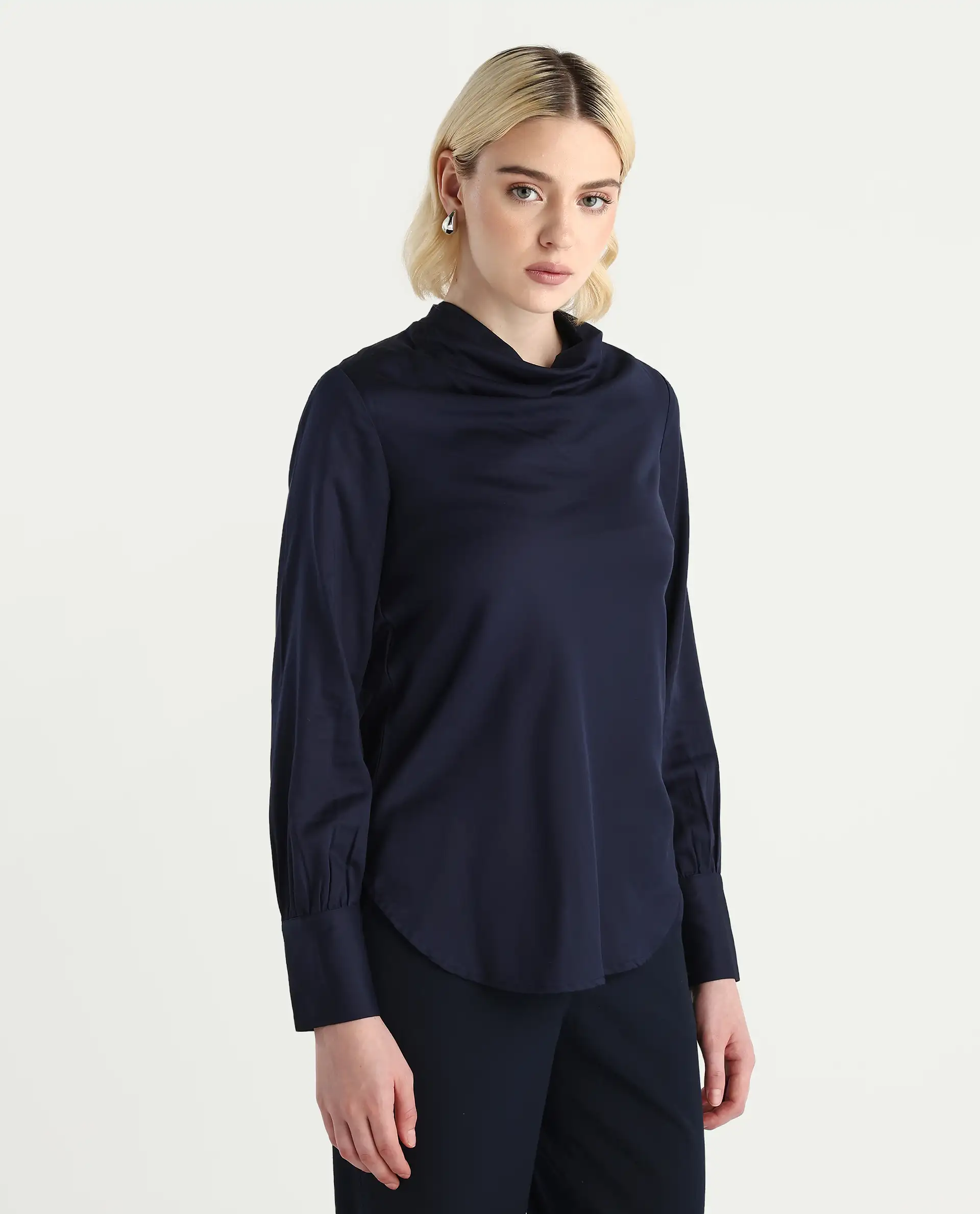 Rareism Women's Nujuno Navy Cotton Blend Bishop Sleeve Cowl Neck Regular Fit Plain Top - Image 6