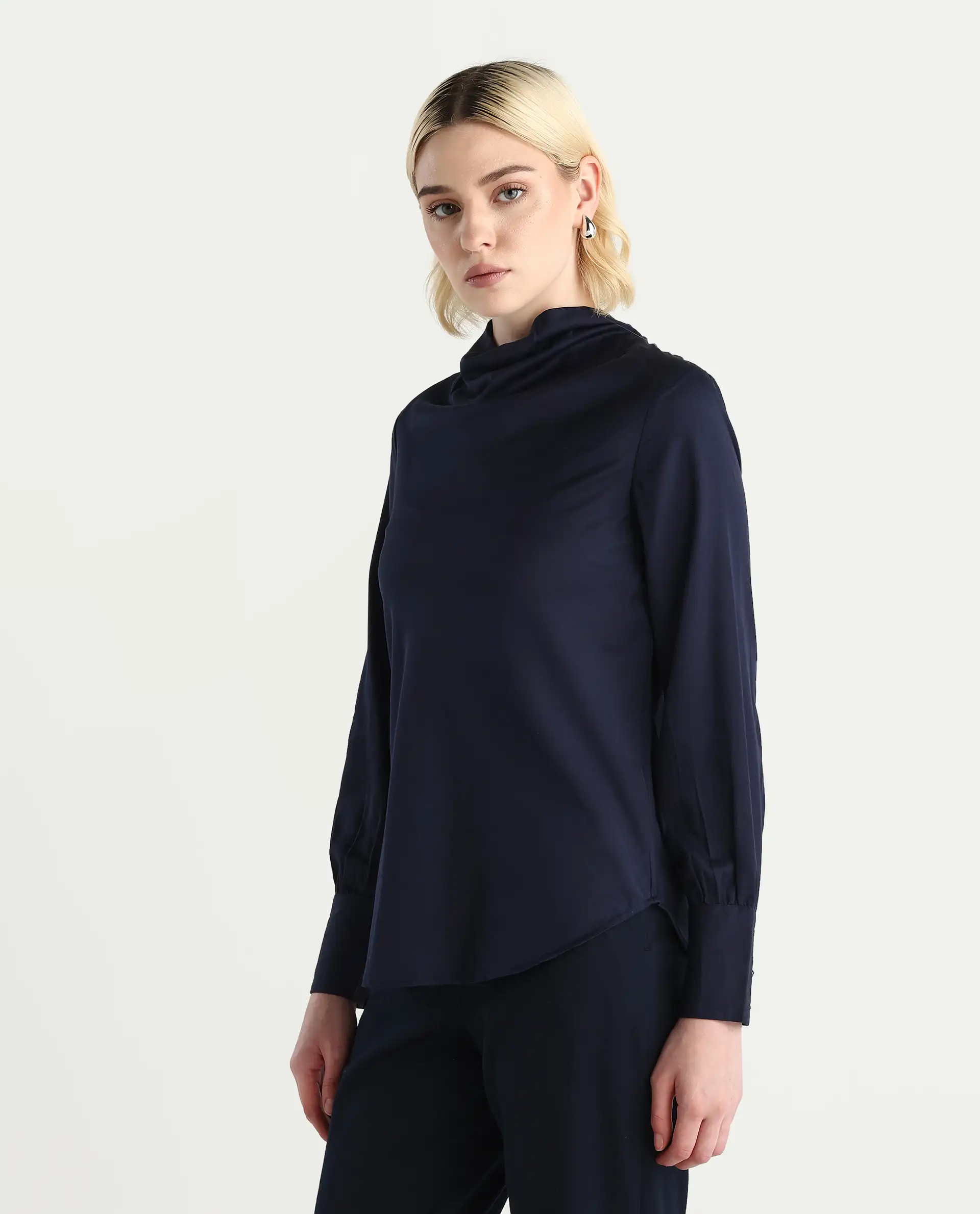 Rareism Women's Nujuno Navy Cotton Blend Bishop Sleeve Cowl Neck Regular Fit Plain Top - Image 7