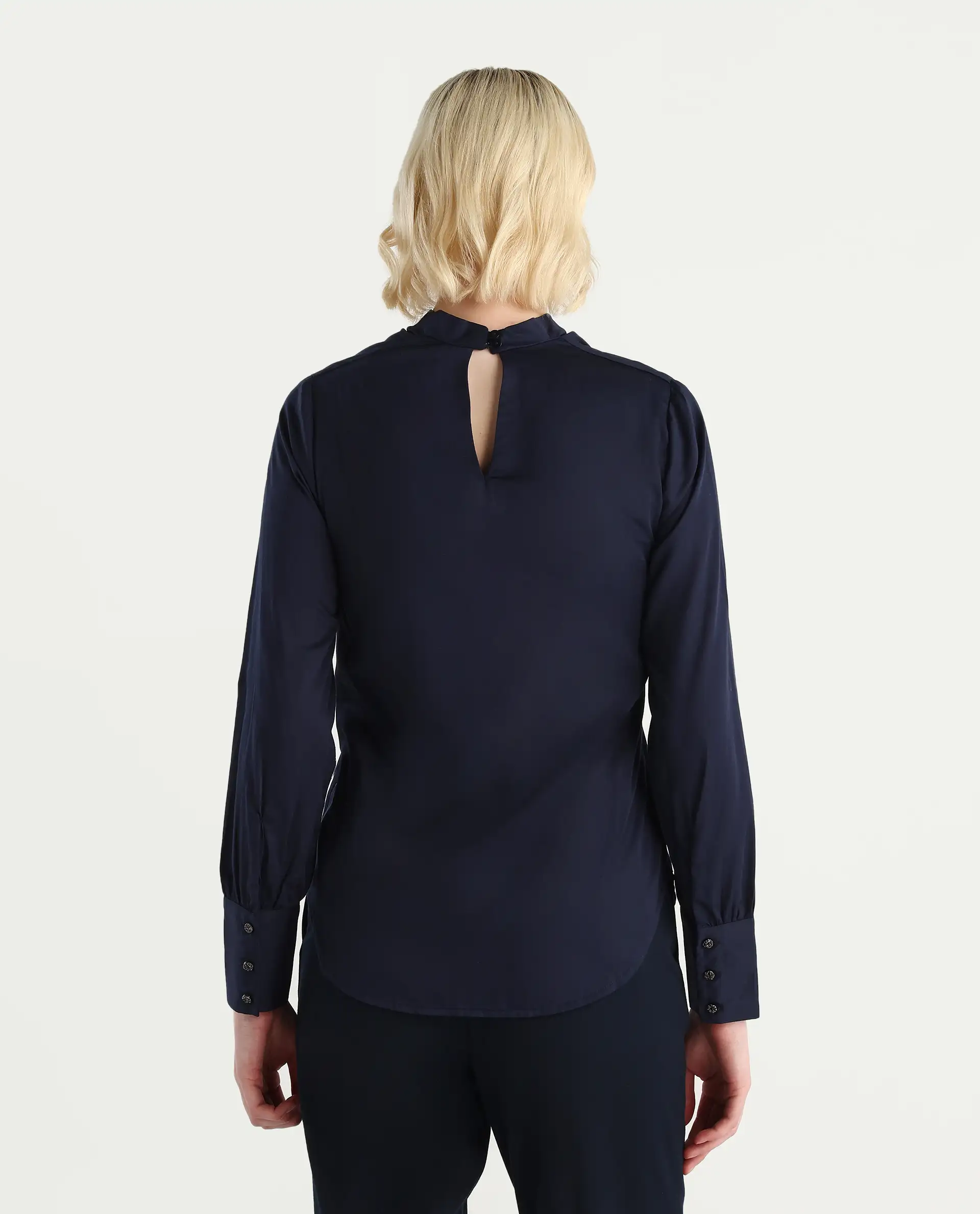 Rareism Women's Nujuno Navy Cotton Blend Bishop Sleeve Cowl Neck Regular Fit Plain Top - Image 8