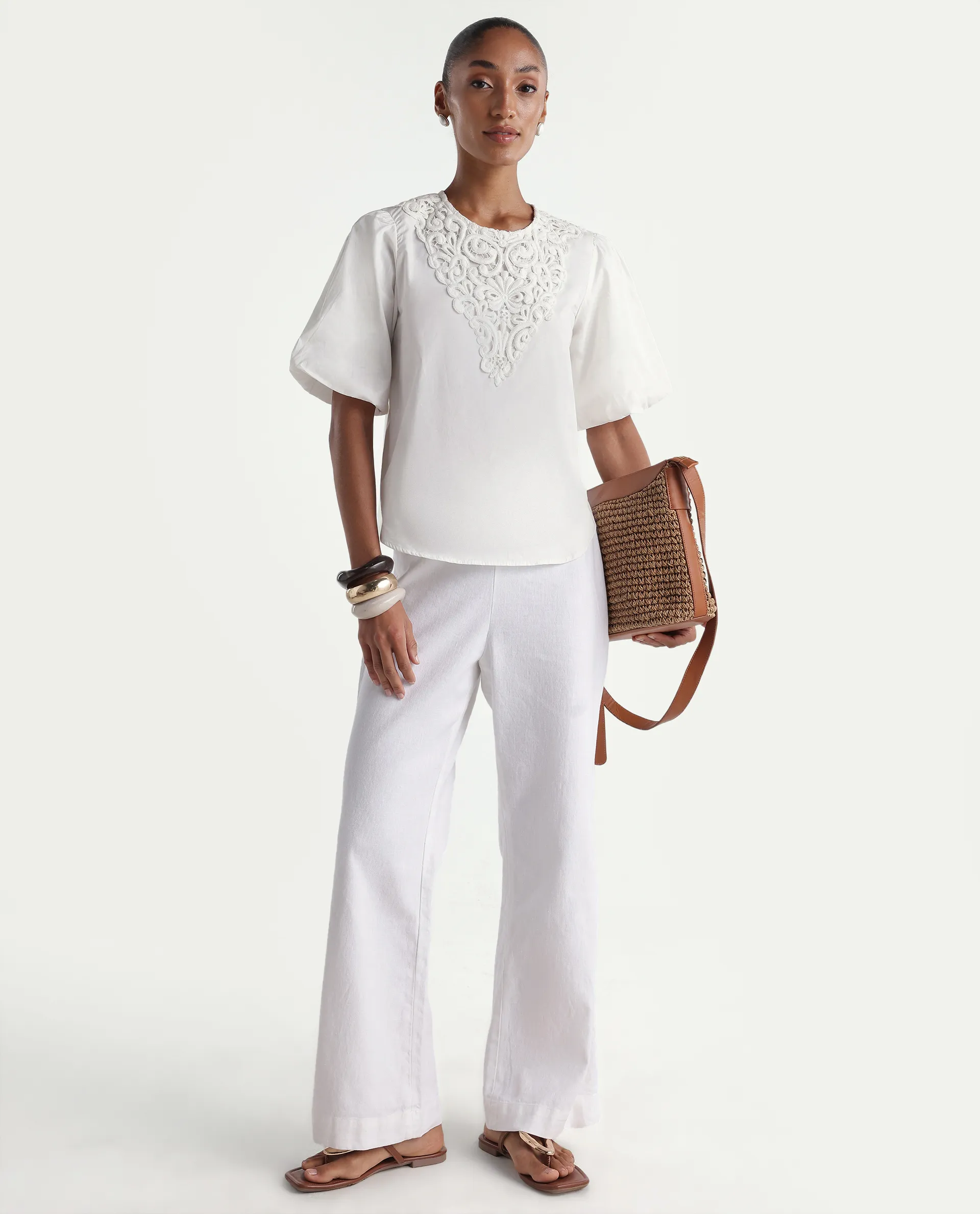 Rareism Women's Nuku White Cotton Crew Neck Relaxed Plain Top - Image 2