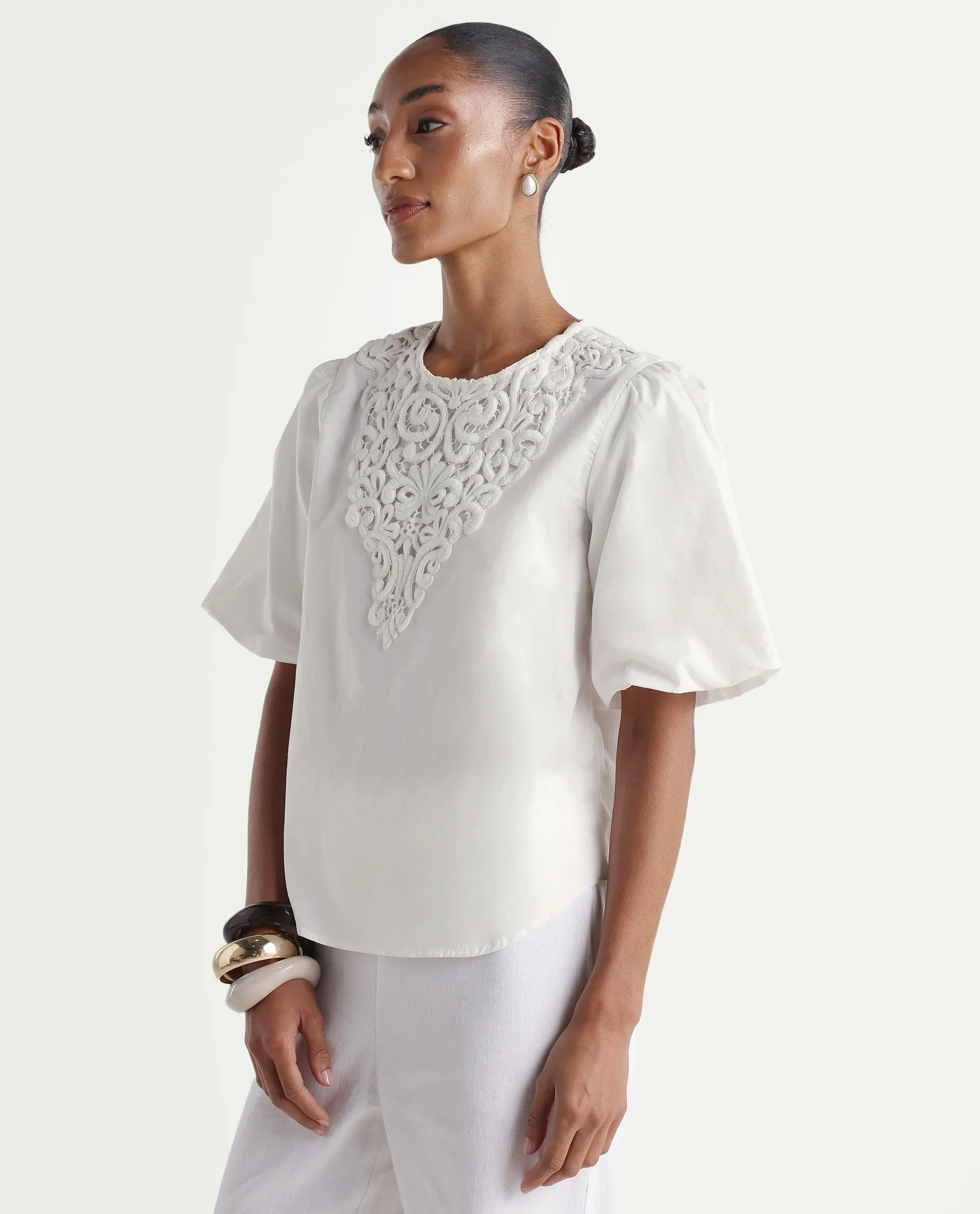 Rareism Women's Nuku White Cotton Crew Neck Relaxed Plain Top - Image 6