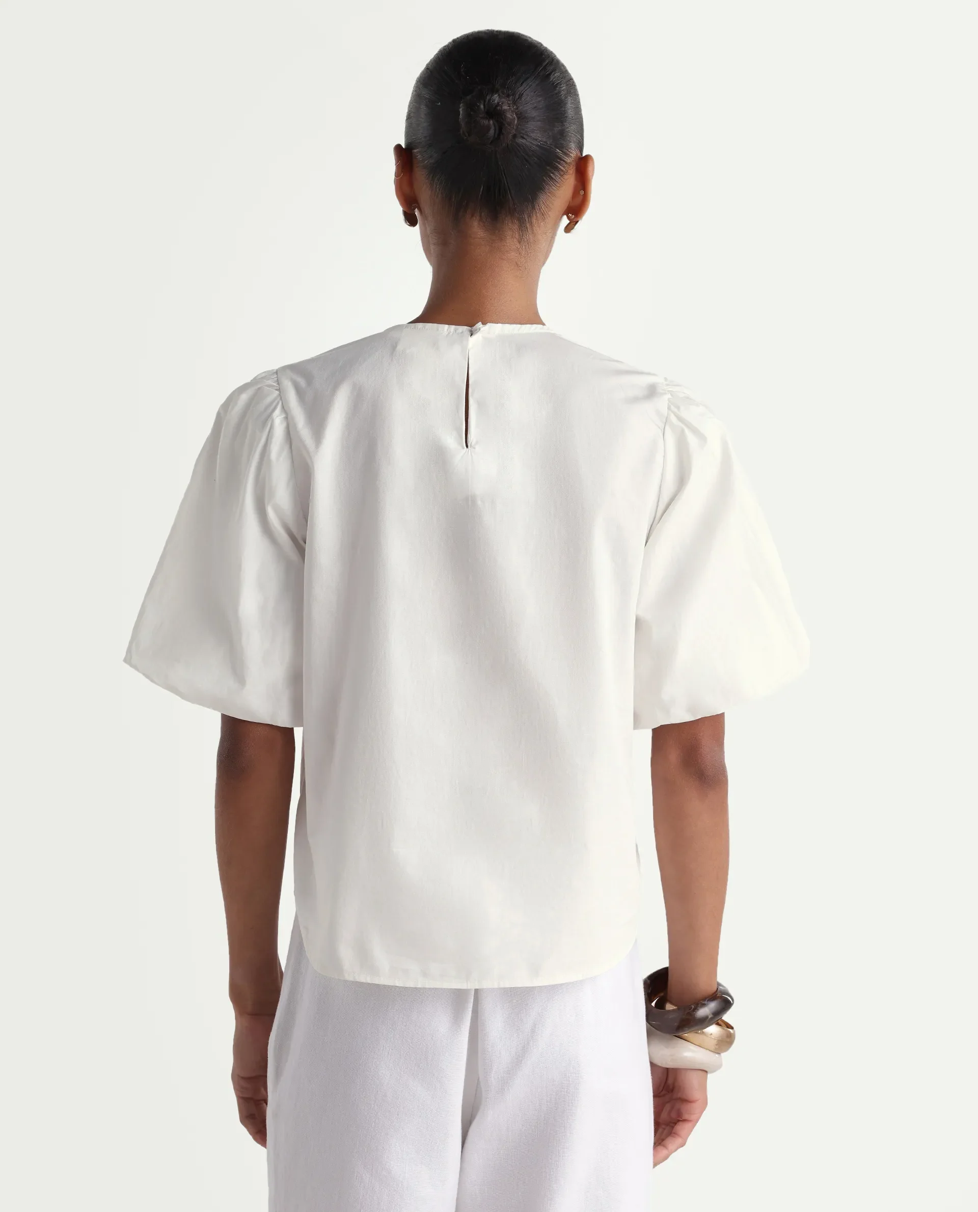 Rareism Women's Nuku White Cotton Crew Neck Relaxed Plain Top - Image 7