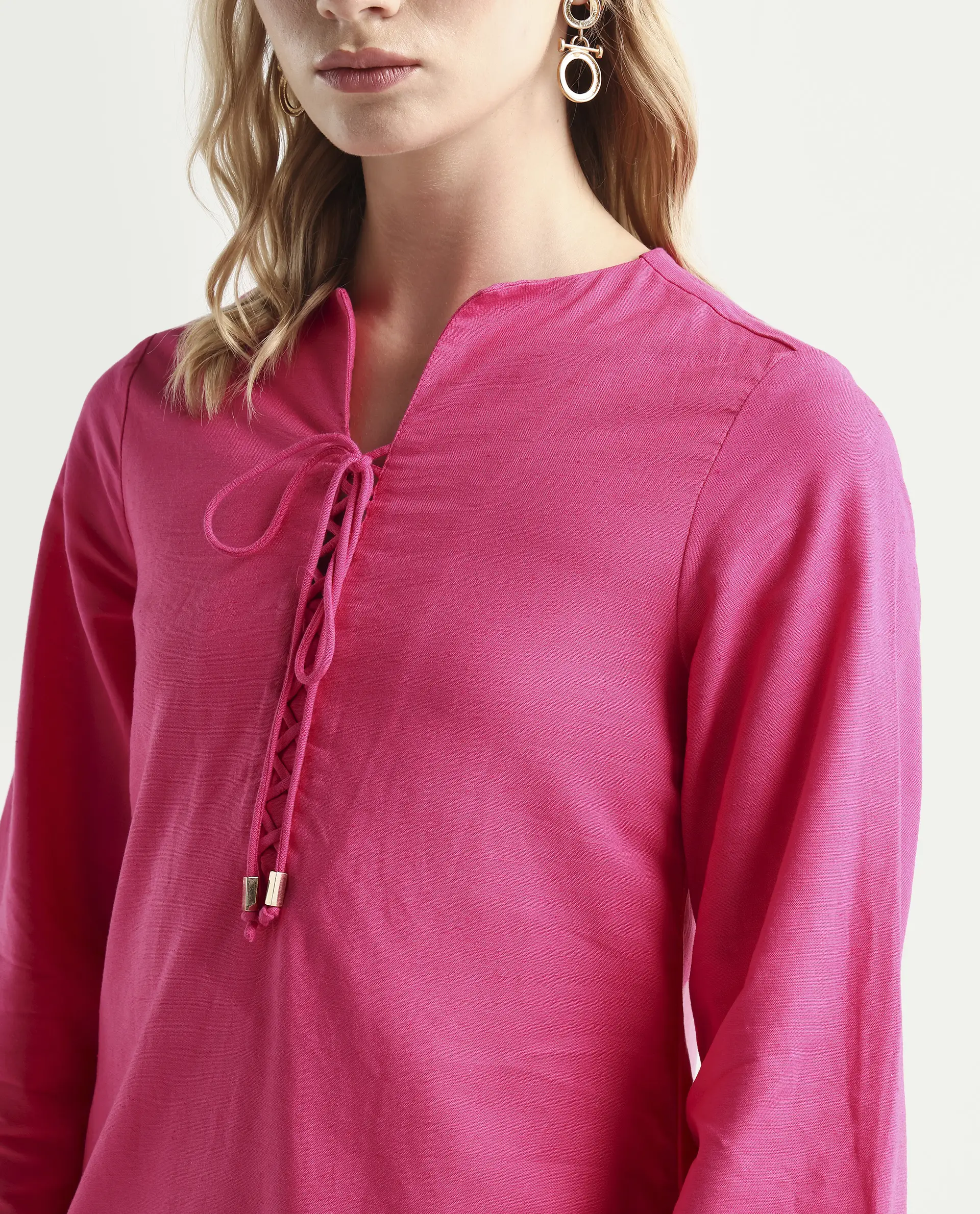Rareism Women Nulan Pink Bishop Sleeve Tie-Up Neck Plain Top