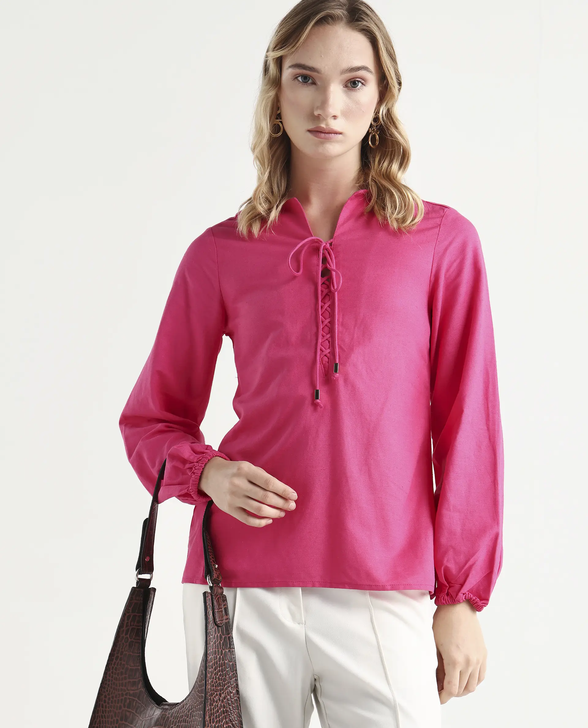 Rareism Women Nulan Pink Bishop Sleeve Tie-Up Neck Plain Top - Image 2