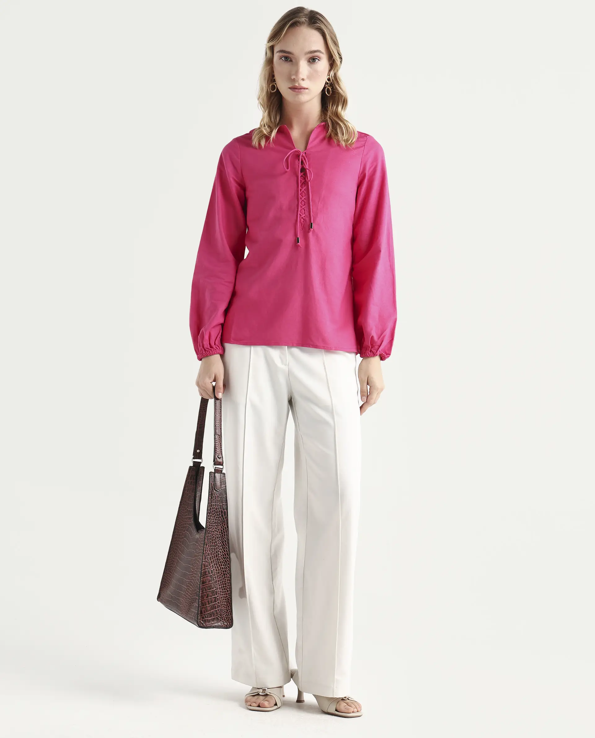 Rareism Women Nulan Pink Bishop Sleeve Tie-Up Neck Plain Top - Image 3