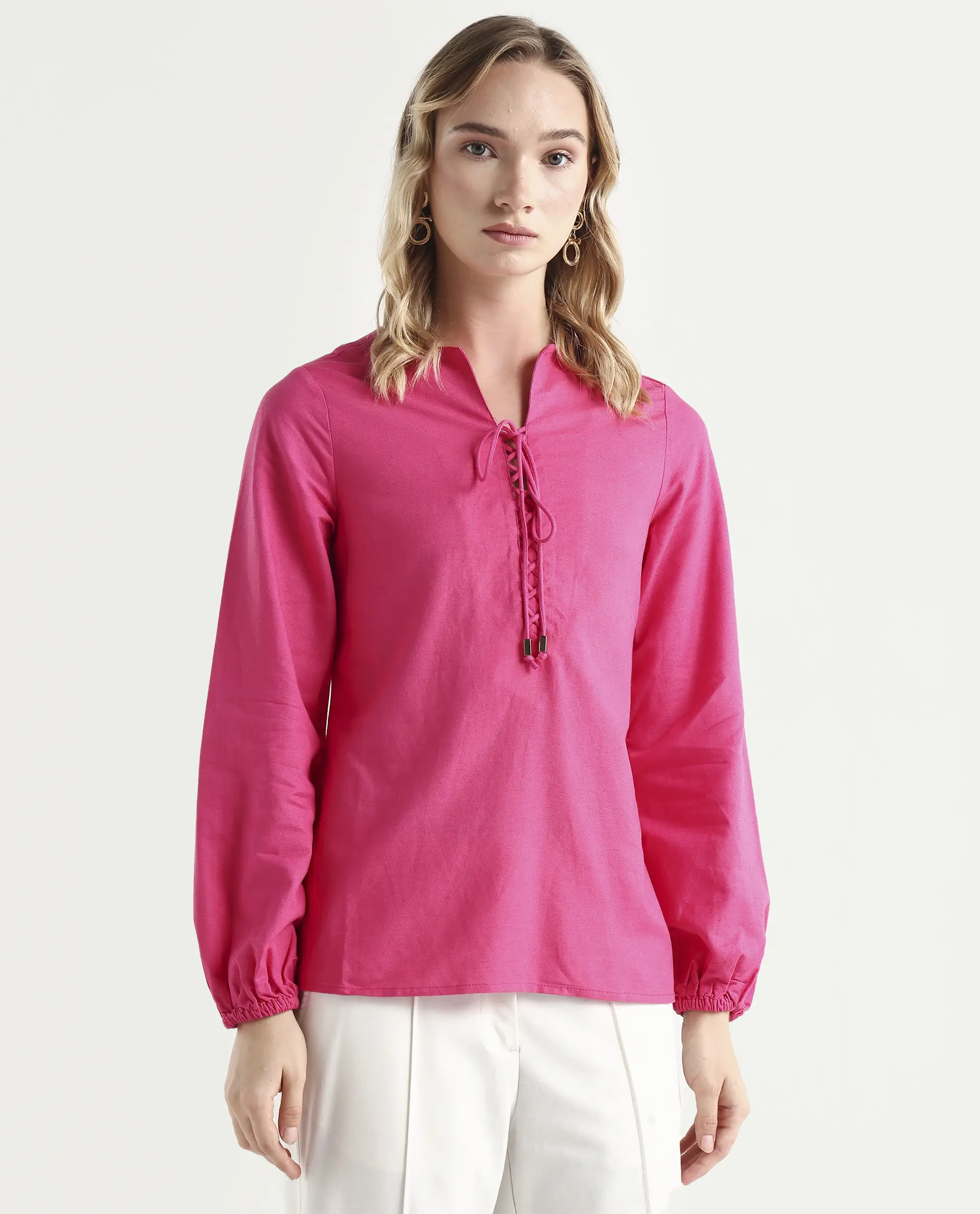 Rareism Women Nulan Pink Bishop Sleeve Tie-Up Neck Plain Top - Image 4