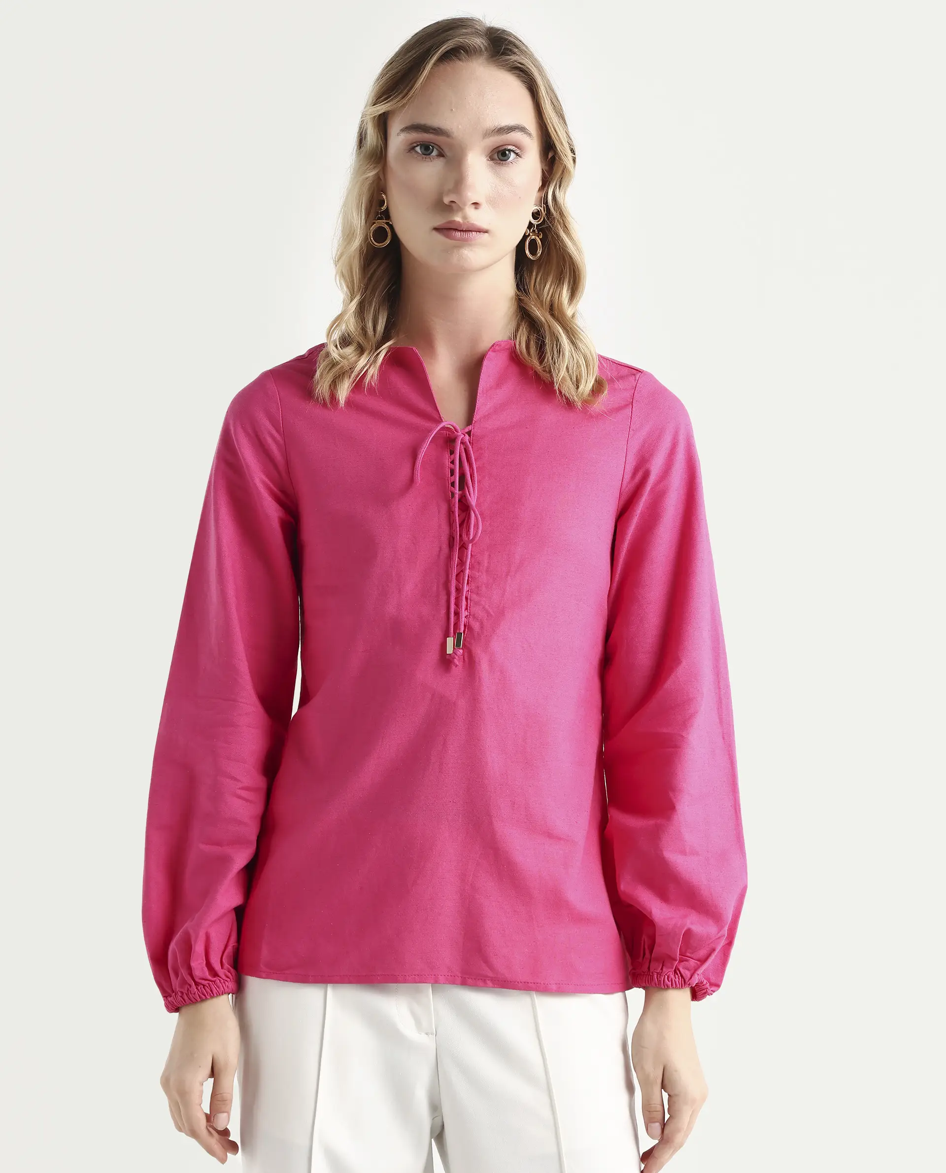 Rareism Women Nulan Pink Bishop Sleeve Tie-Up Neck Plain Top - Image 5