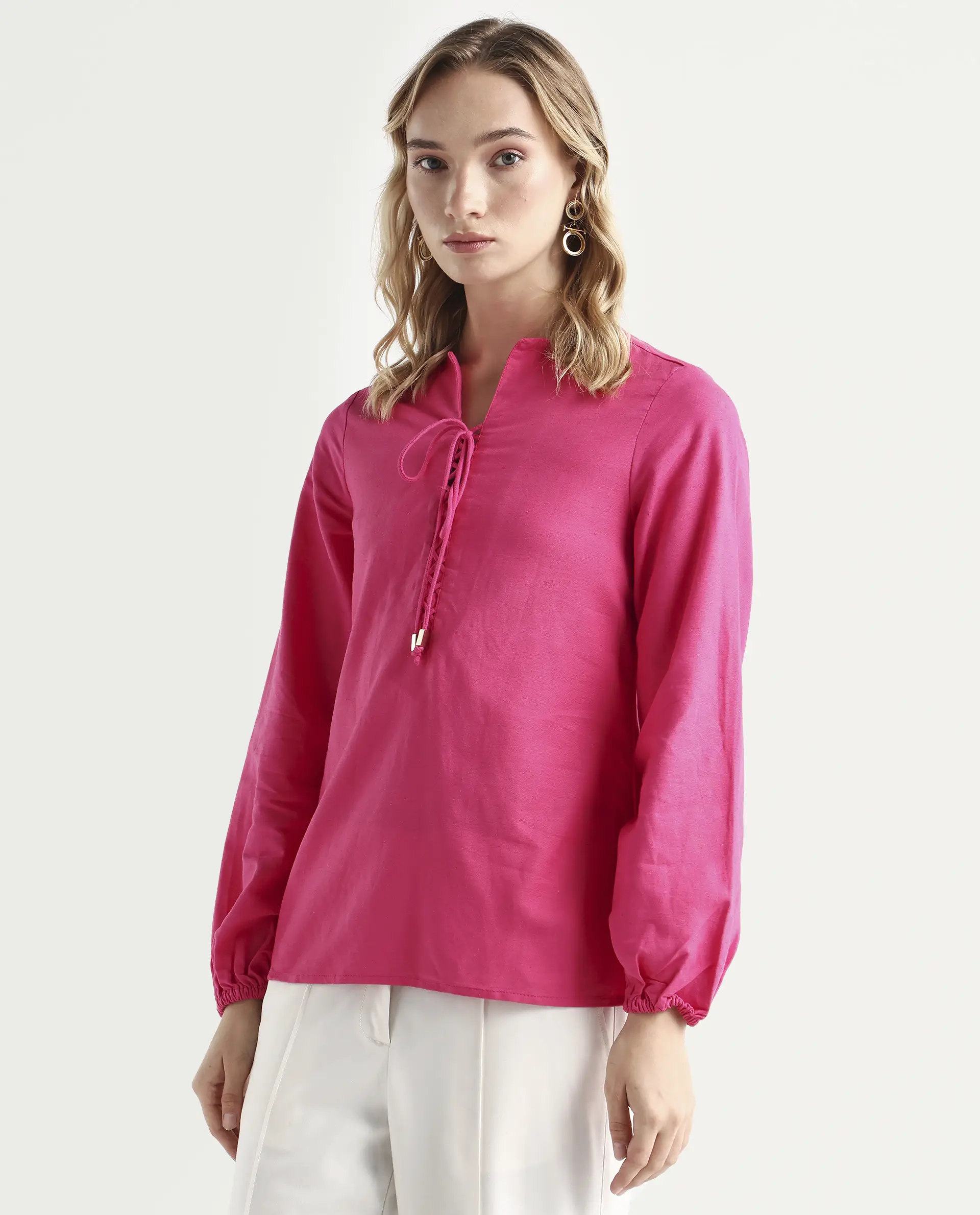 Rareism Women Nulan Pink Bishop Sleeve Tie-Up Neck Plain Top - Image 6