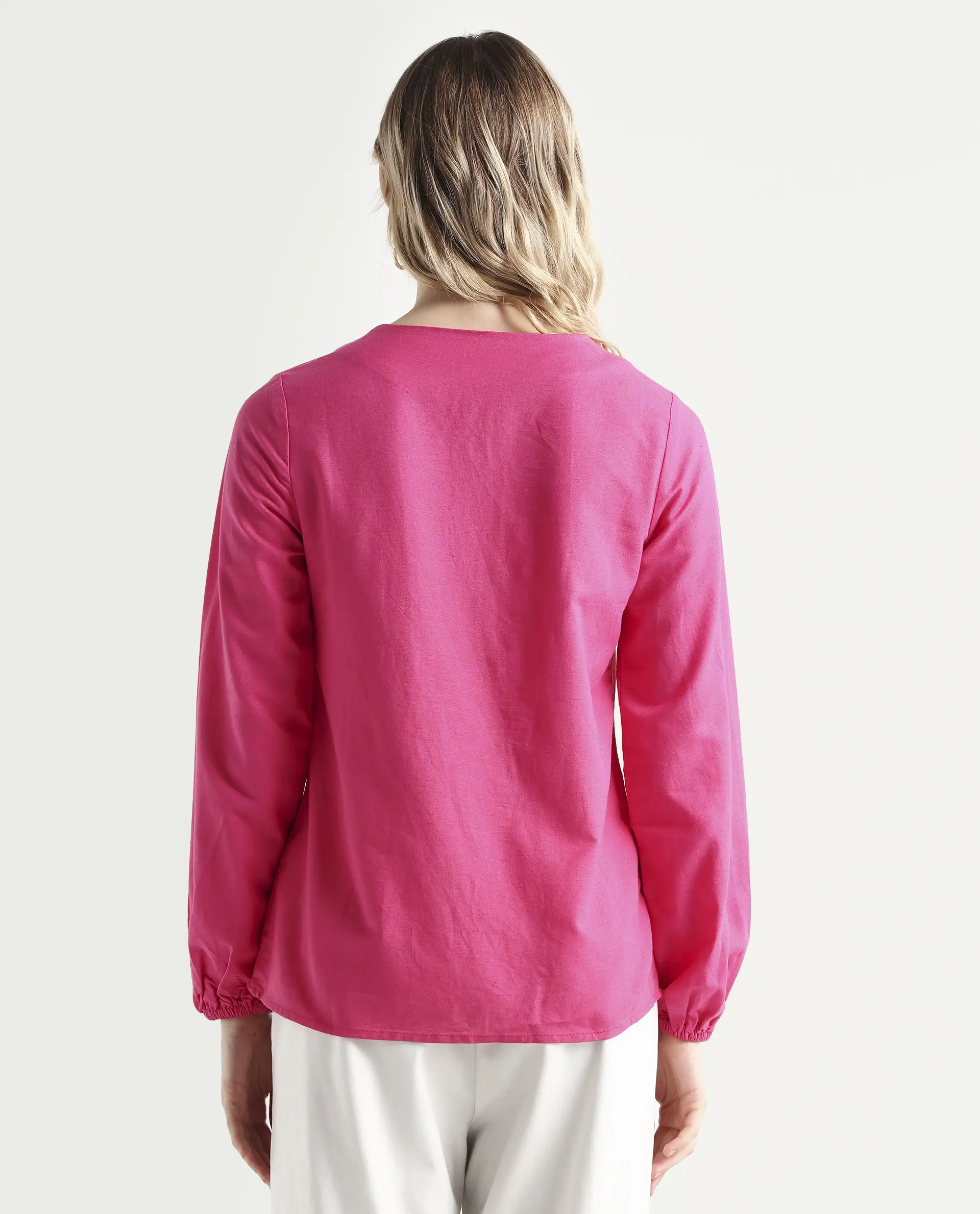 Rareism Women Nulan Pink Bishop Sleeve Tie-Up Neck Plain Top - Image 7