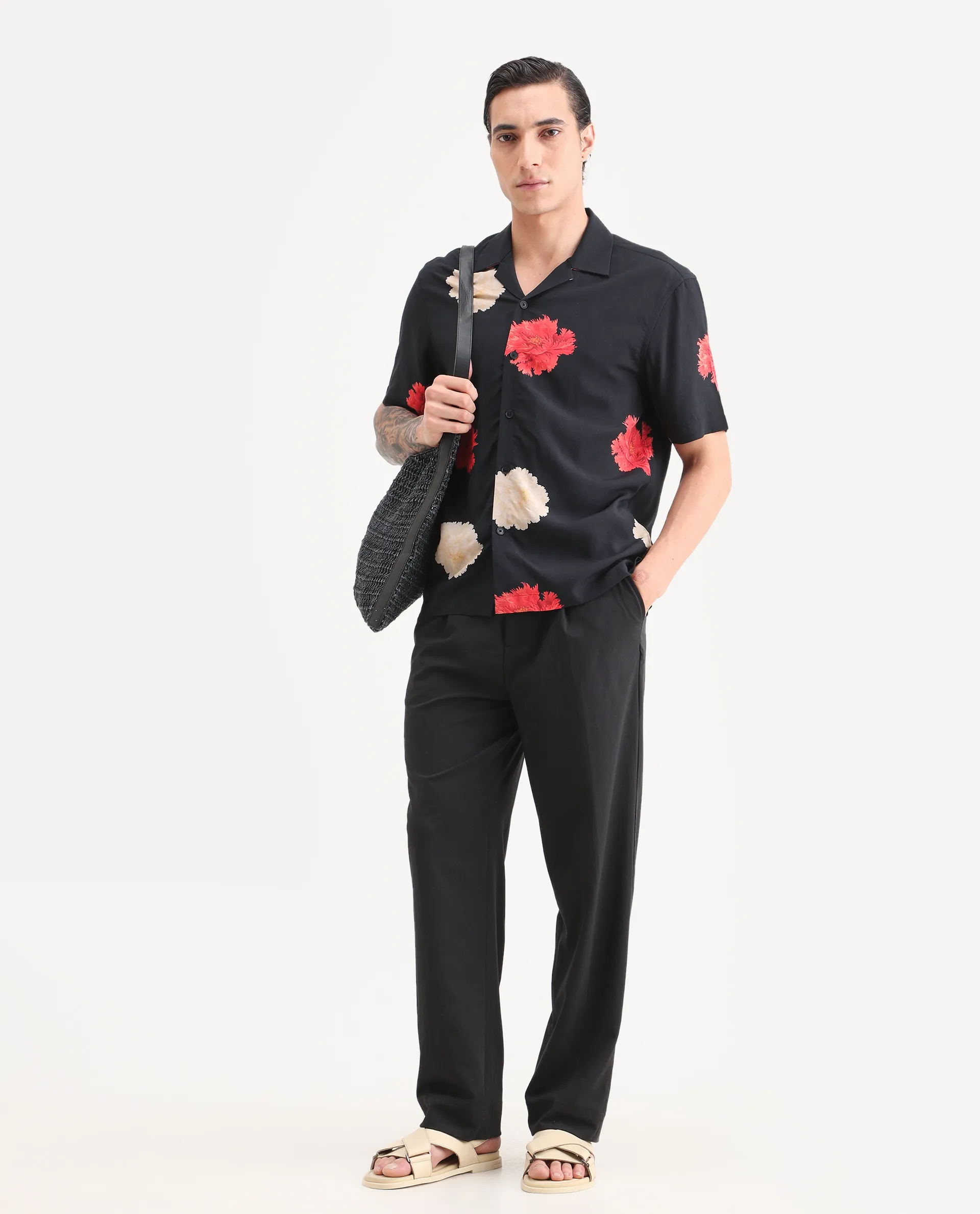 Rare Rabbit Men's Nulk Black Viscose Fabric Half Sleeve Spread Collar Regular Fit Floral Print Shirt - Image 2
