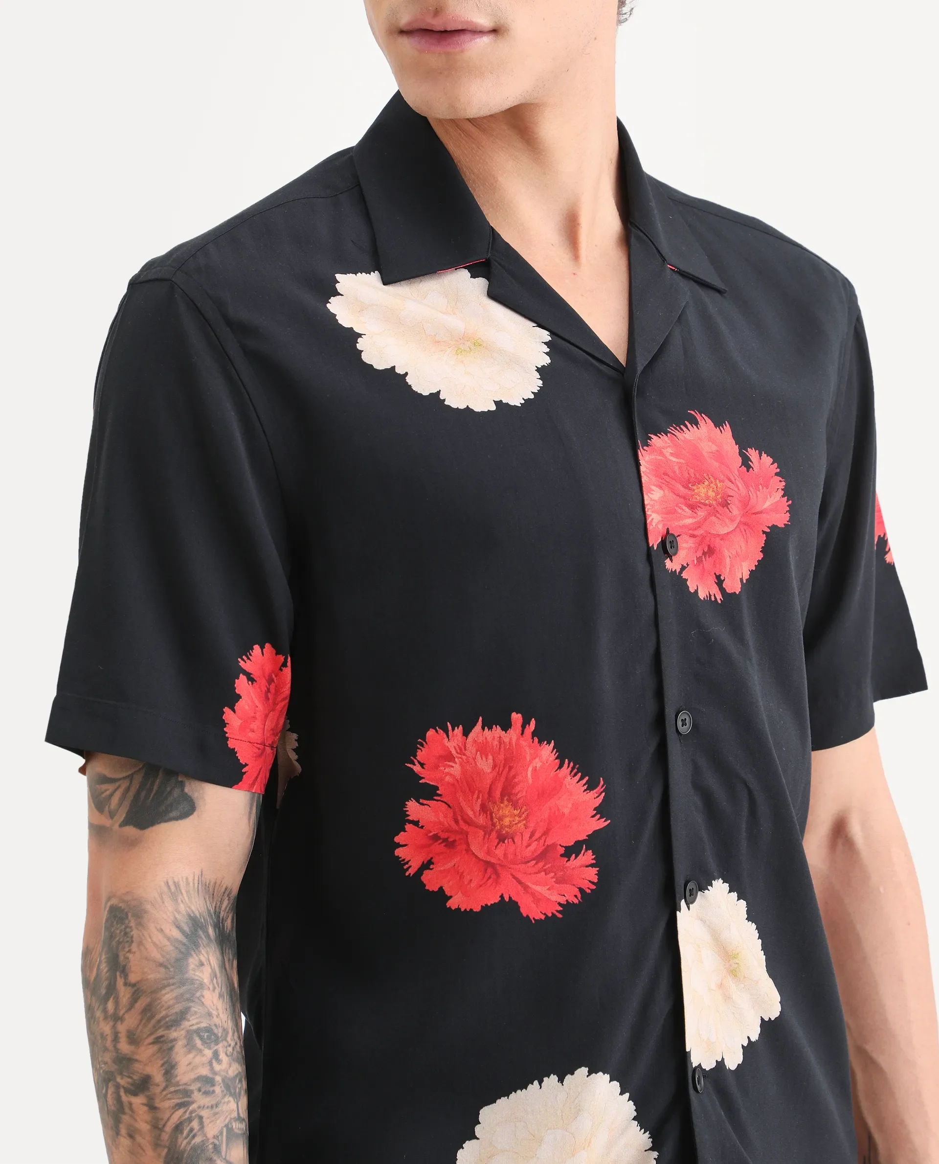 Rare Rabbit Men's Nulk Black Viscose Fabric Half Sleeve Spread Collar Regular Fit Floral Print Shirt - Image 3