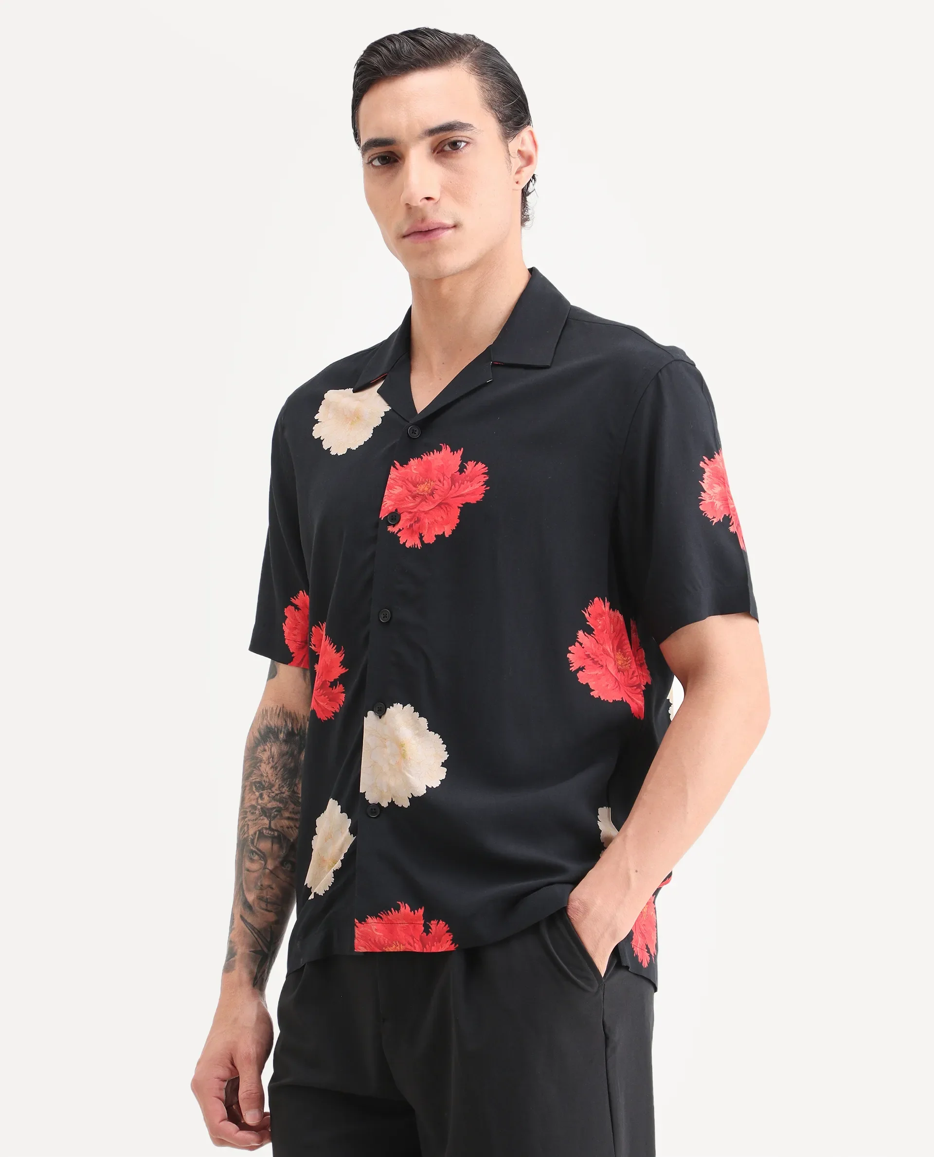 Rare Rabbit Men's Nulk Black Viscose Fabric Half Sleeve Spread Collar Regular Fit Floral Print Shirt - Image 4