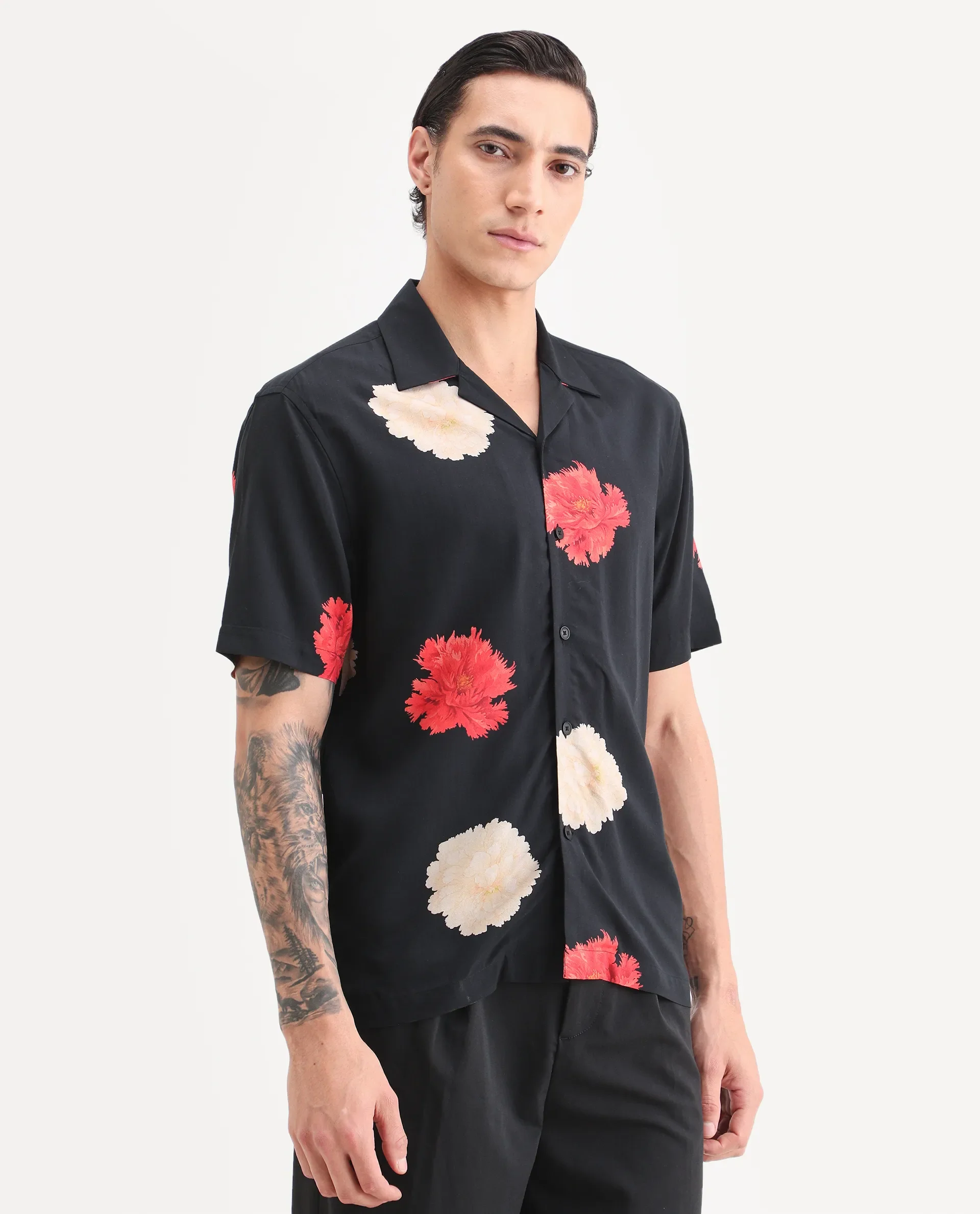 Rare Rabbit Men's Nulk Black Viscose Fabric Half Sleeve Spread Collar Regular Fit Floral Print Shirt - Image 5