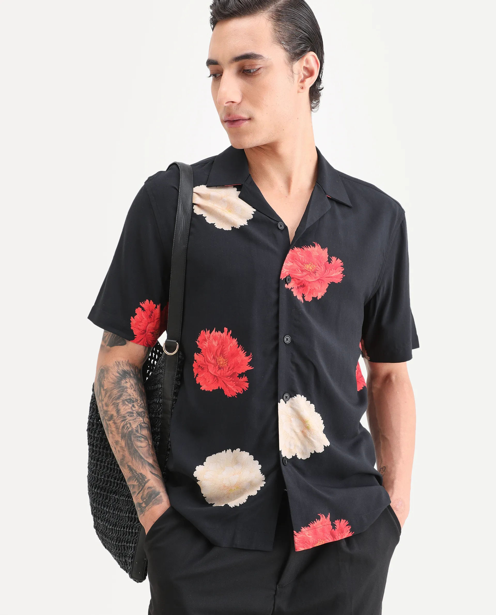 Rare Rabbit Men's Nulk Black Viscose Fabric Half Sleeve Spread Collar Regular Fit Floral Print Shirt - Image 6
