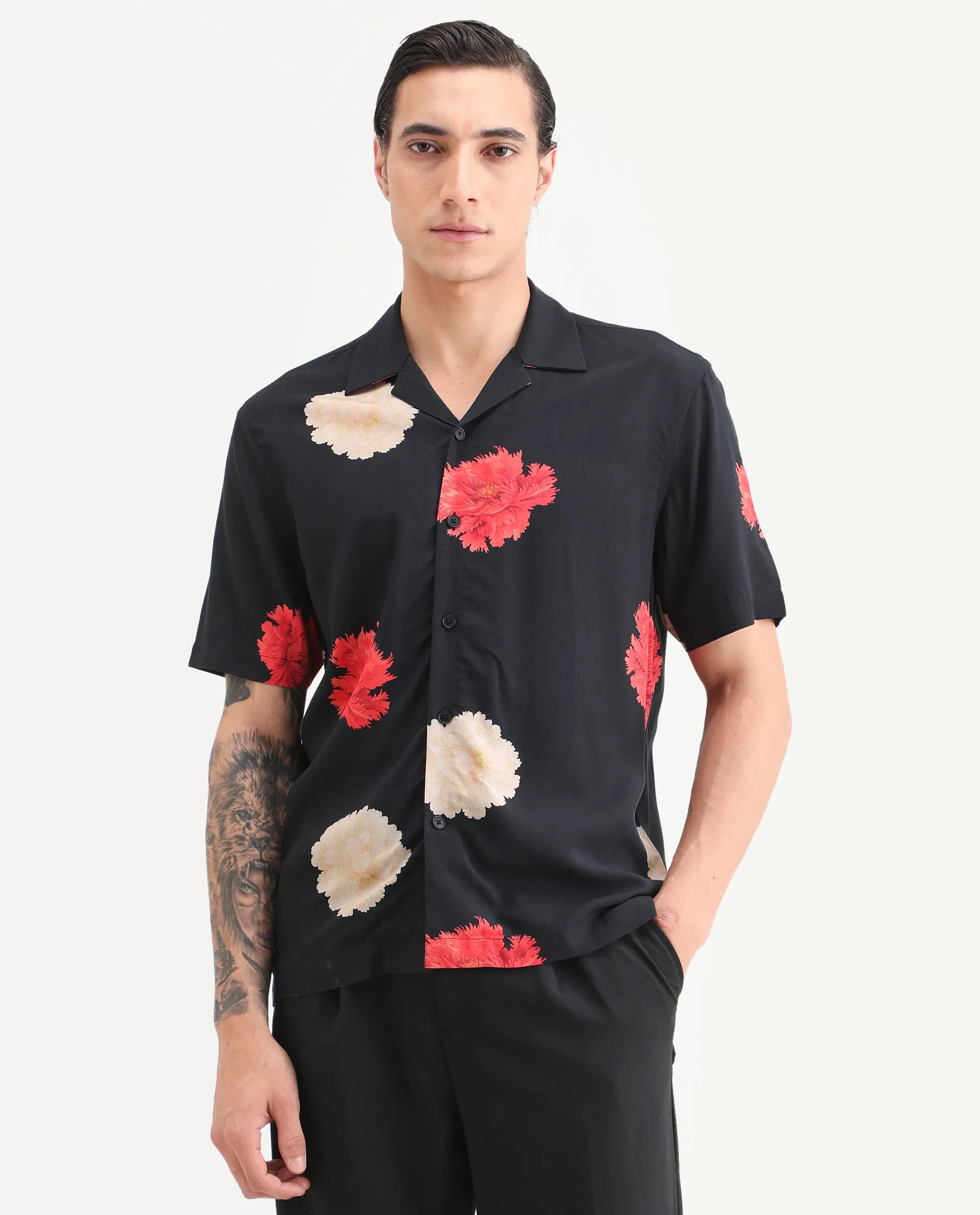 Rare Rabbit Men's Nulk Black Viscose Fabric Half Sleeve Spread Collar Regular Fit Floral Print Shirt - Image 7