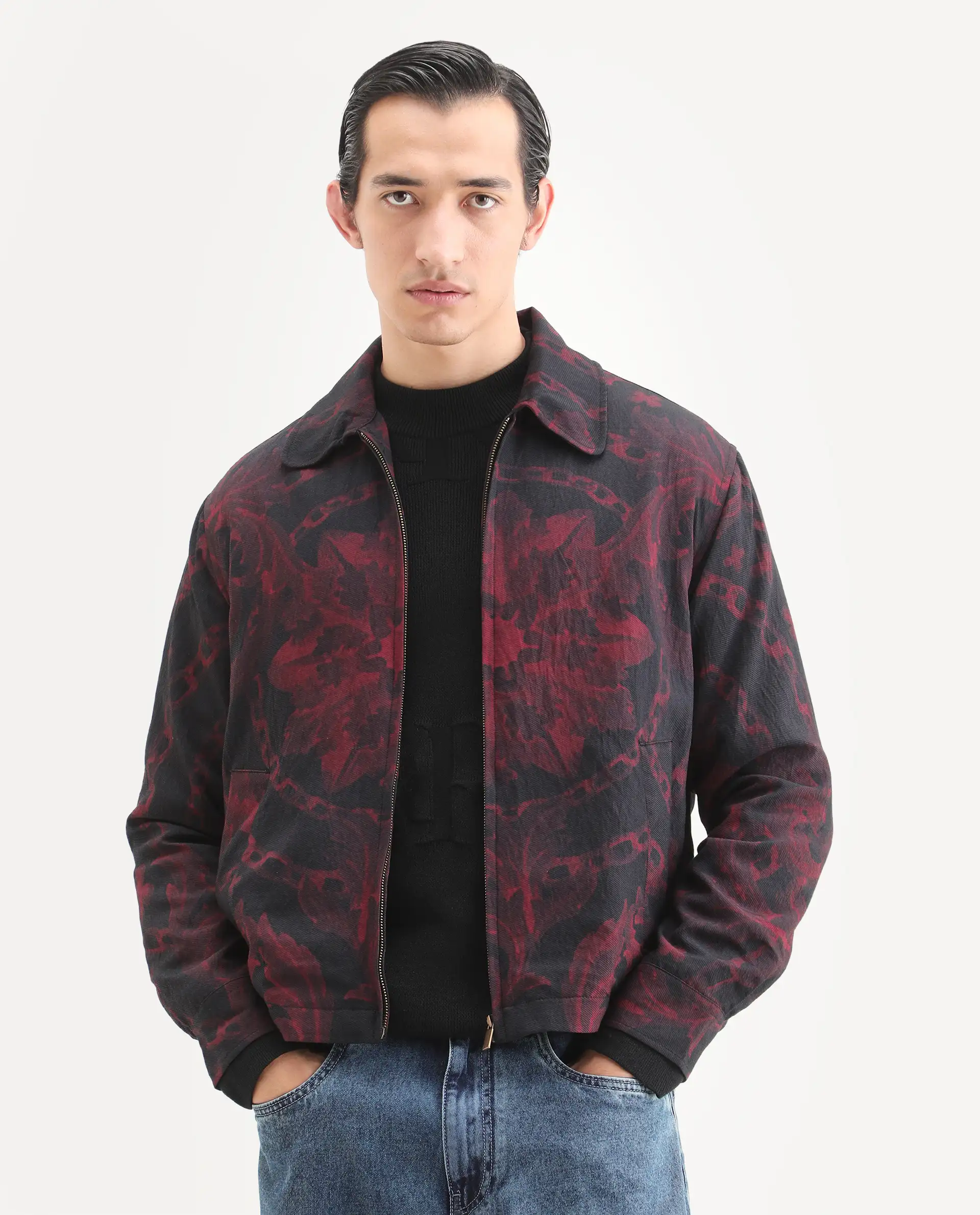 Rare Rabbit Men's Nulo Black Viscose Blend Fabric Spread Collar Regular Fit Abstract Print Jacket - Image 4