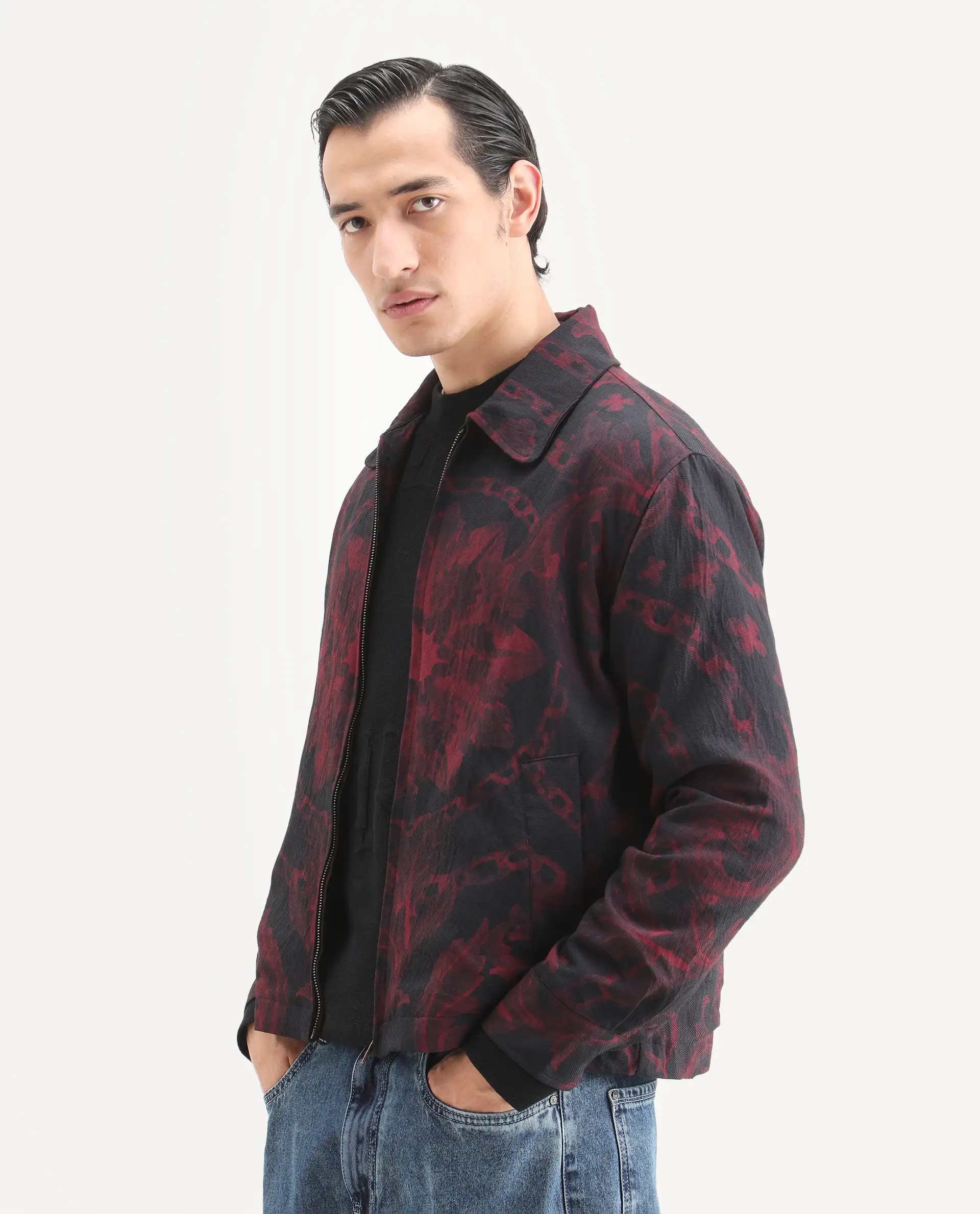 Rare Rabbit Men's Nulo Black Viscose Blend Fabric Spread Collar Regular Fit Abstract Print Jacket - Image 5