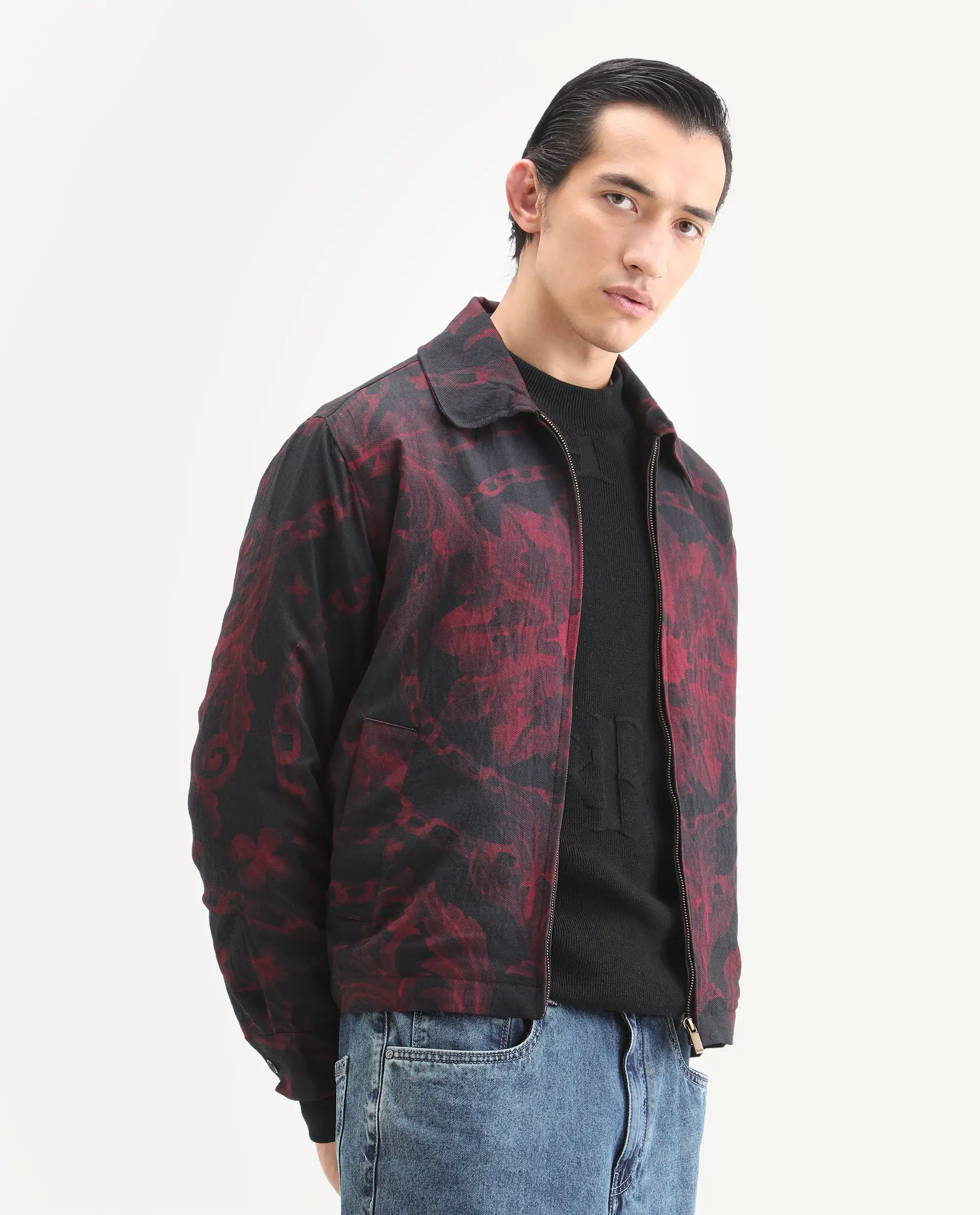 Rare Rabbit Men's Nulo Black Viscose Blend Fabric Spread Collar Regular Fit Abstract Print Jacket - Image 6