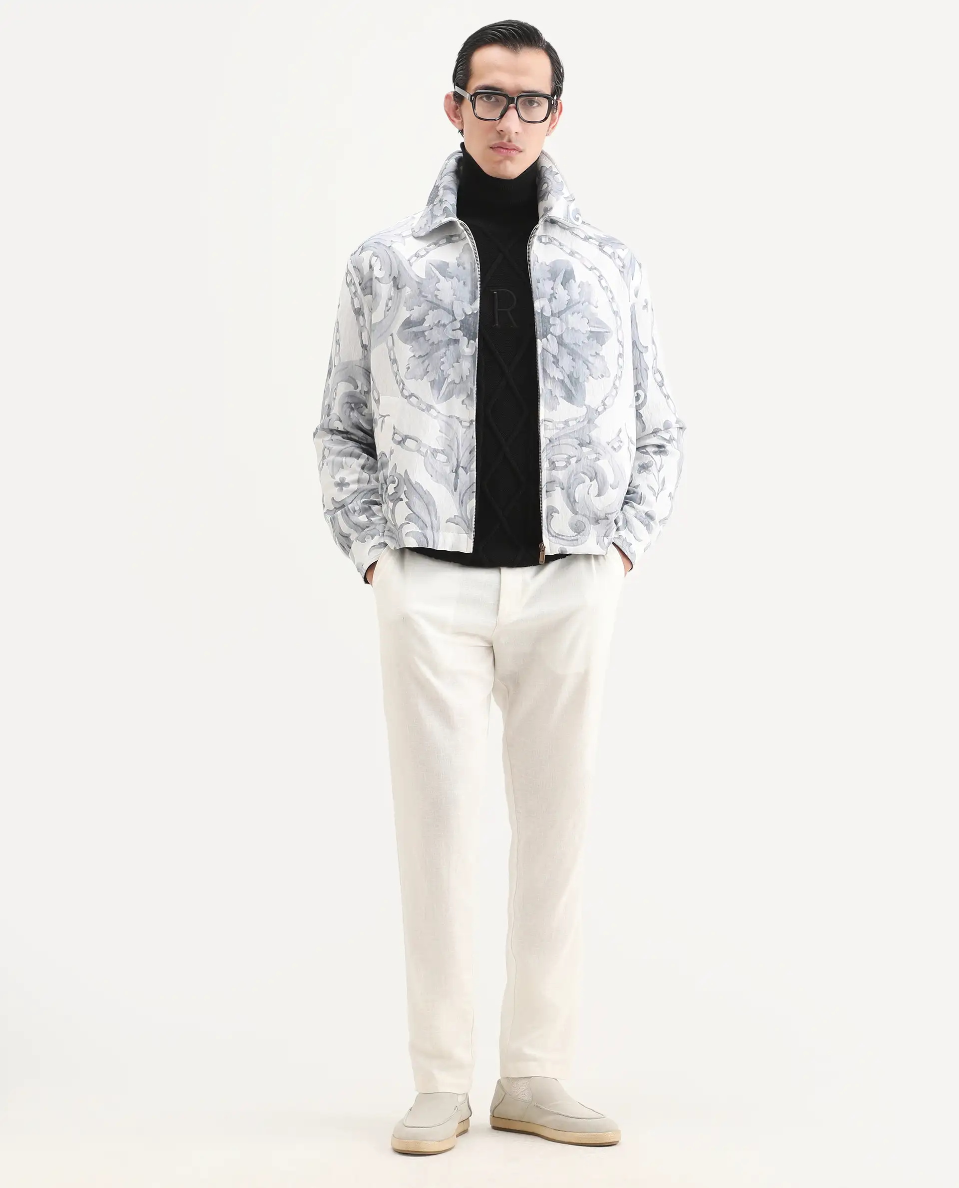 Rare Rabbit Men's Nulo Off White Viscose Blend Fabric Spread Collar Regular Fit Abstract Print Jacket - Image 2
