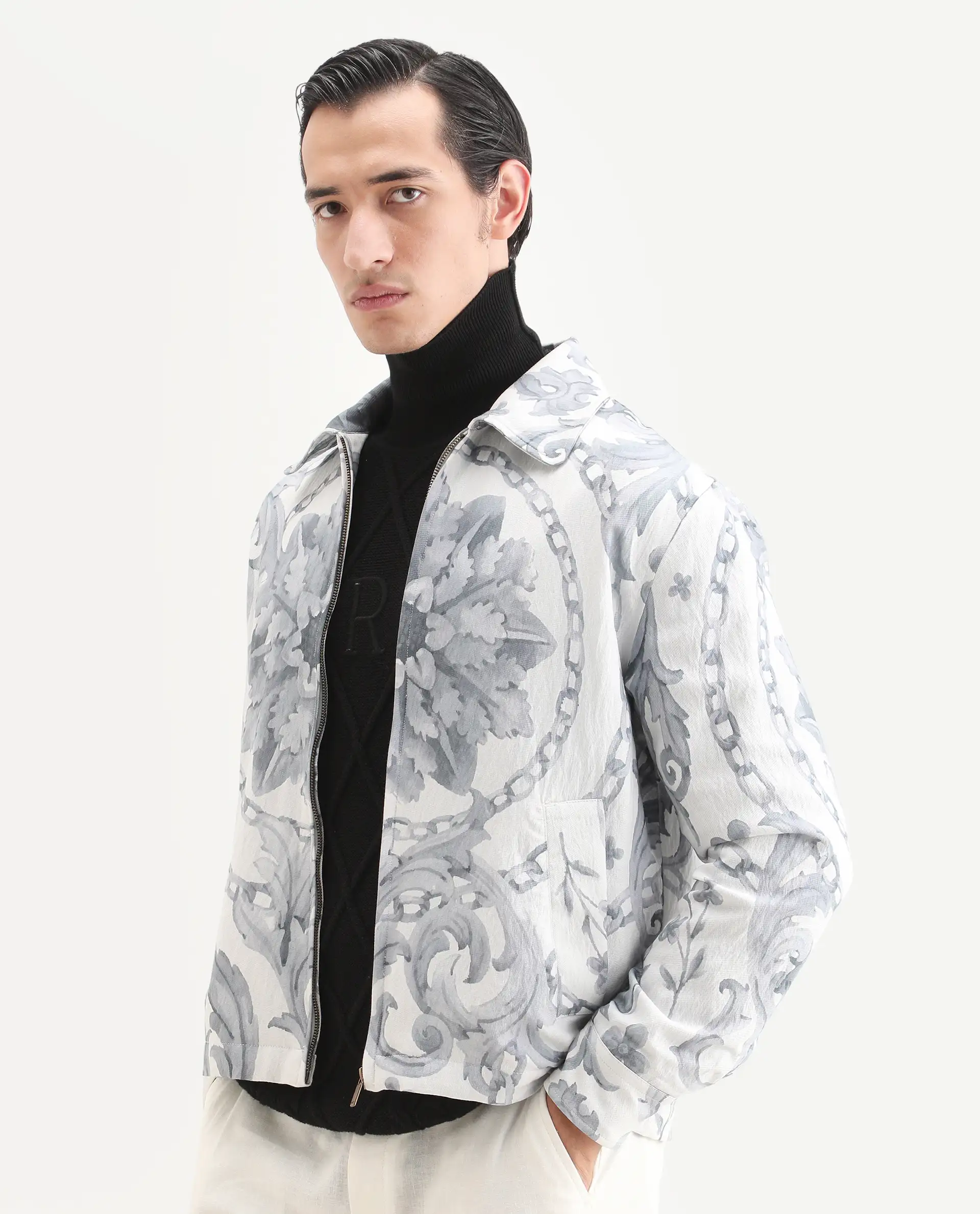 Rare Rabbit Men's Nulo Off White Viscose Blend Fabric Spread Collar Regular Fit Abstract Print Jacket - Image 3