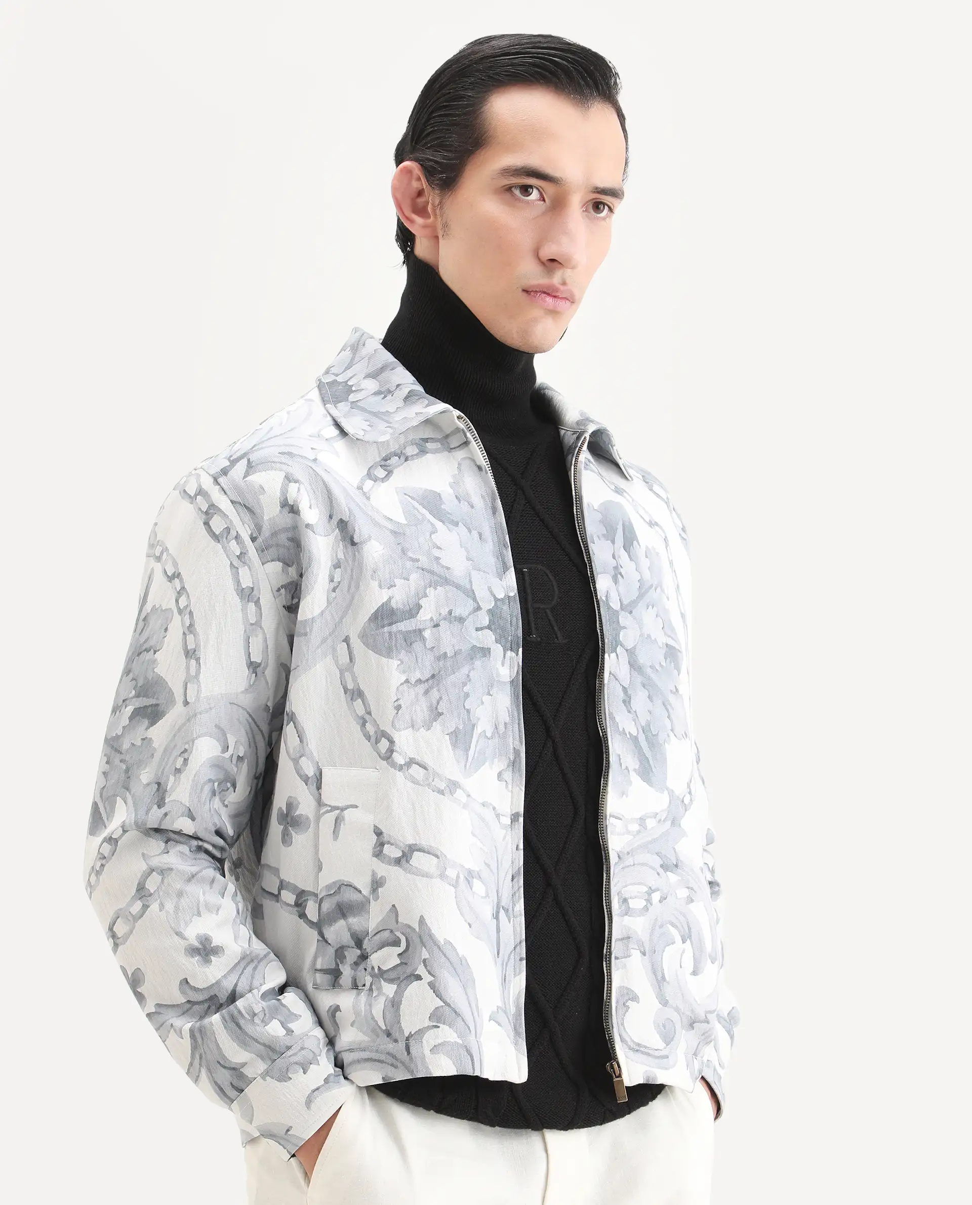 Rare Rabbit Men's Nulo Off White Viscose Blend Fabric Spread Collar Regular Fit Abstract Print Jacket - Image 4
