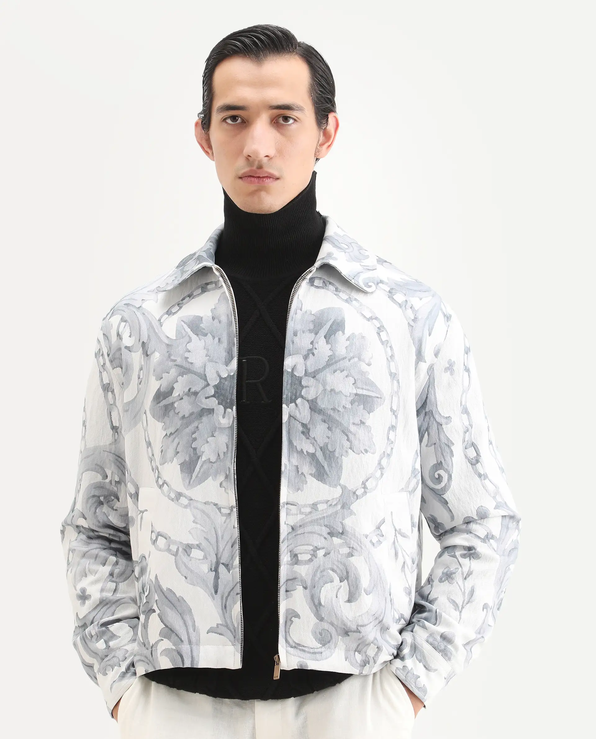 Rare Rabbit Men's Nulo Off White Viscose Blend Fabric Spread Collar Regular Fit Abstract Print Jacket - Image 5