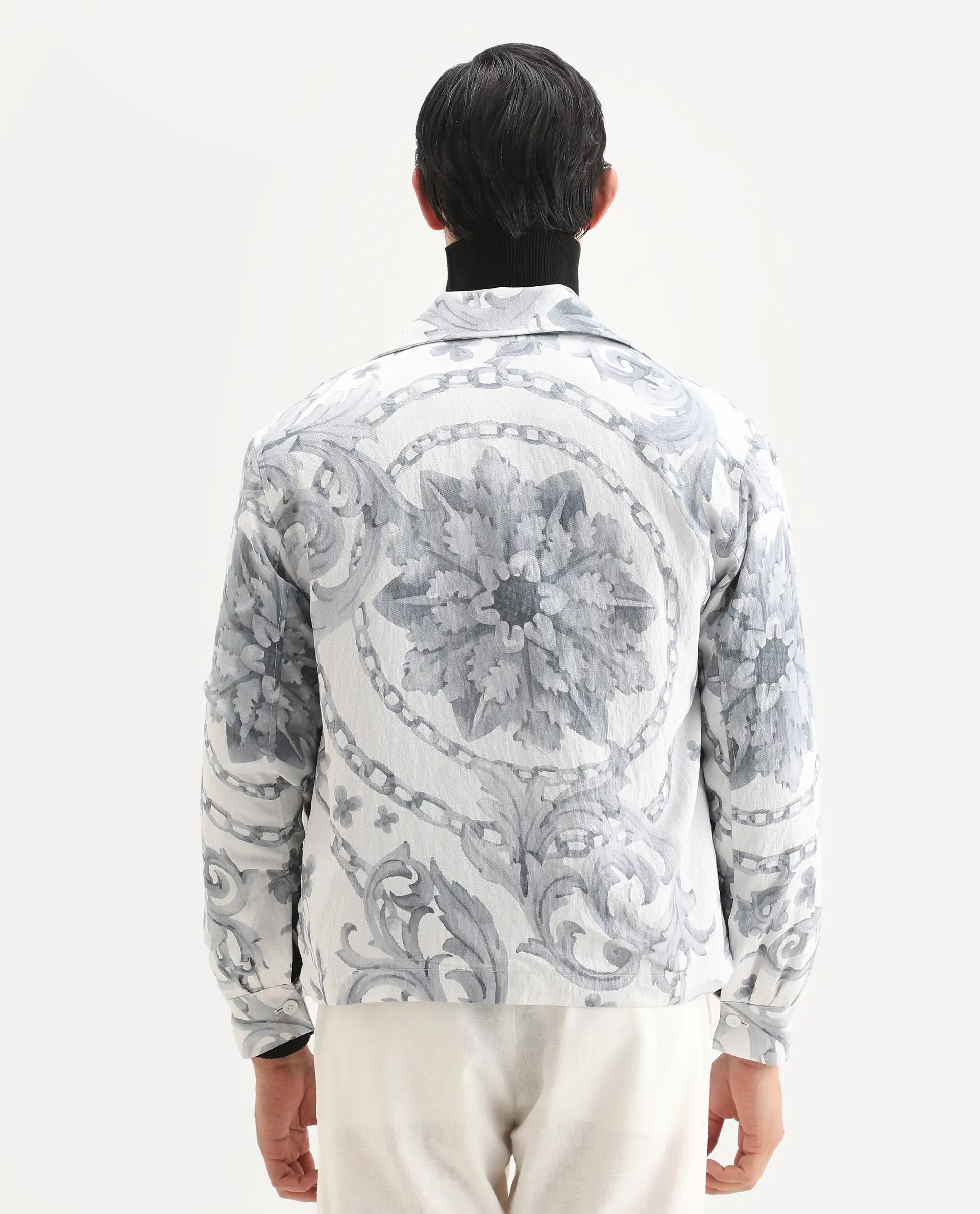 Rare Rabbit Men's Nulo Off White Viscose Blend Fabric Spread Collar Regular Fit Abstract Print Jacket - Image 6