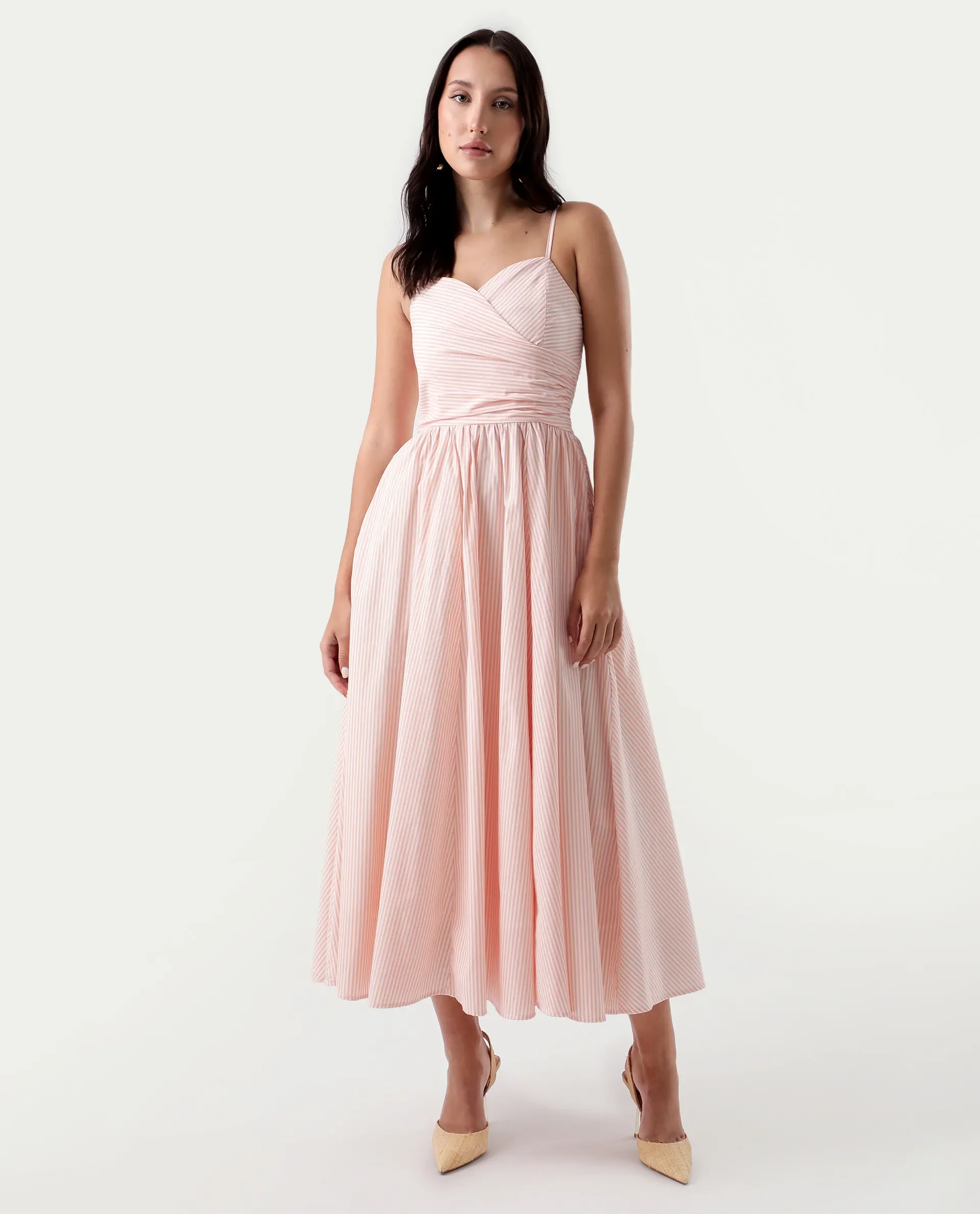 Rareism Women's Nuloon Pink Cotton Sweetheart Neck Striped Sleeveless Midi Fit And Flare Dress - Image 2