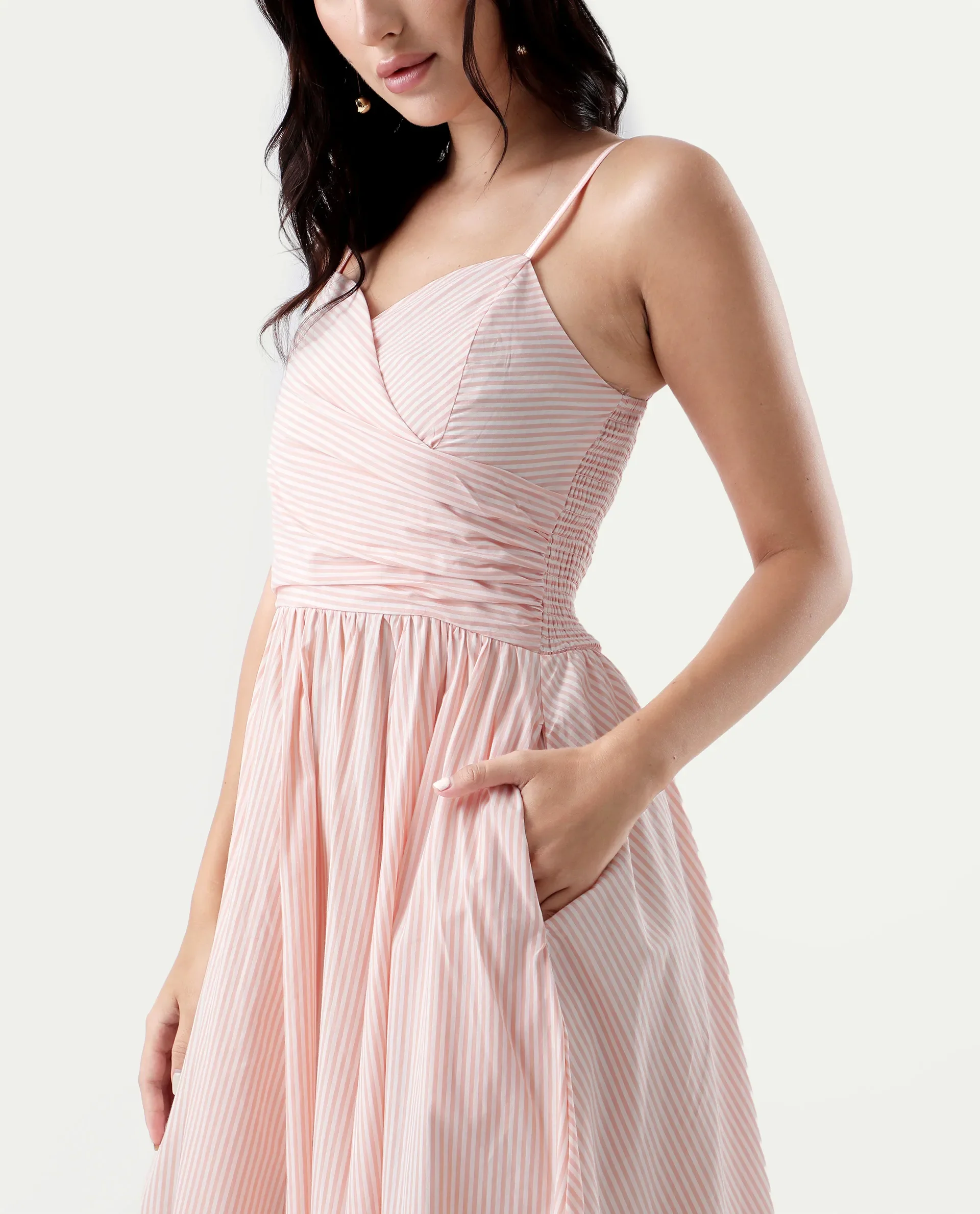Rareism Women's Nuloon Pink Cotton Sweetheart Neck Striped Sleeveless Midi Fit And Flare Dress - Image 4
